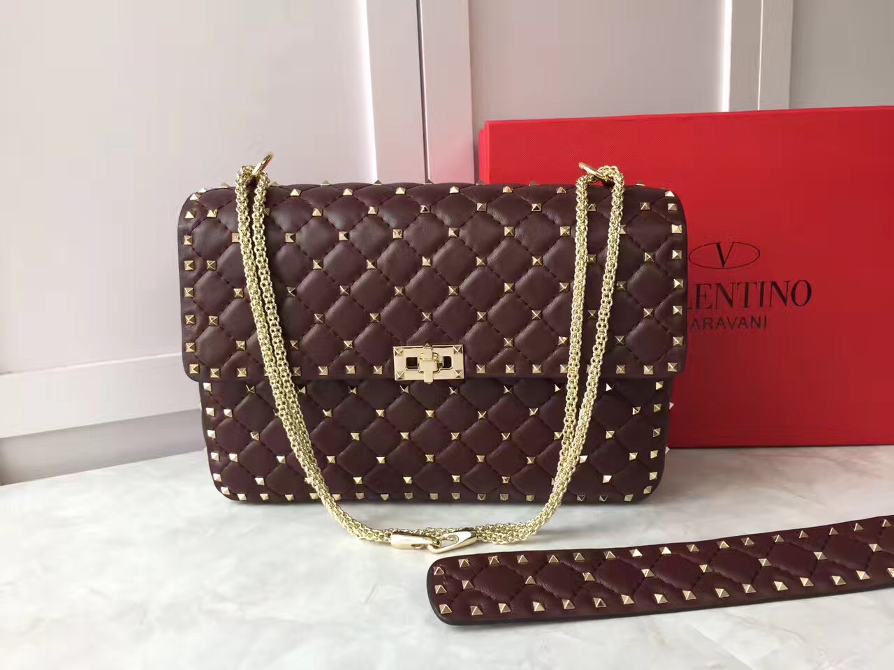 valentino dark wine tote large rockstud shoulder handbags