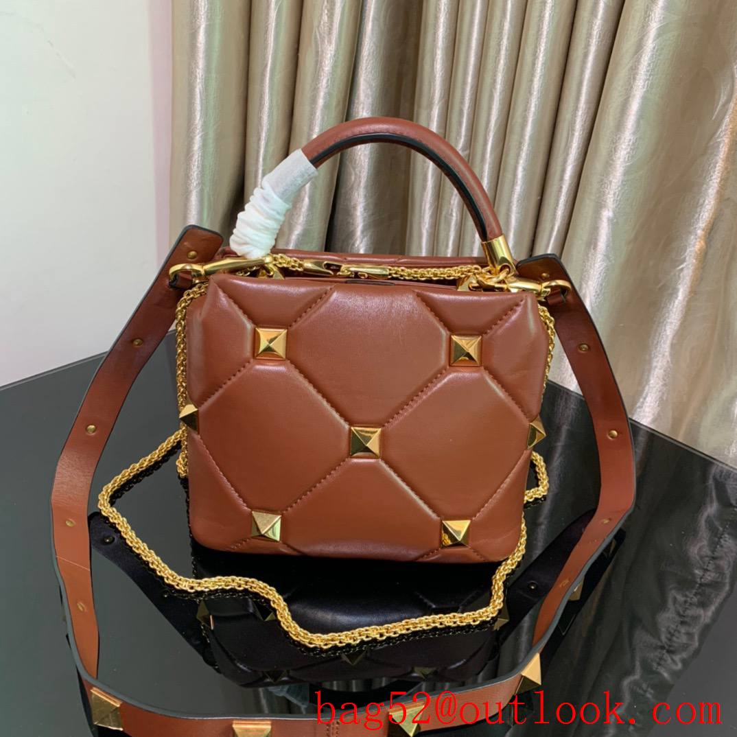 Valentino Small Roman Stud The Handle Bag in Nappa Leather Brown