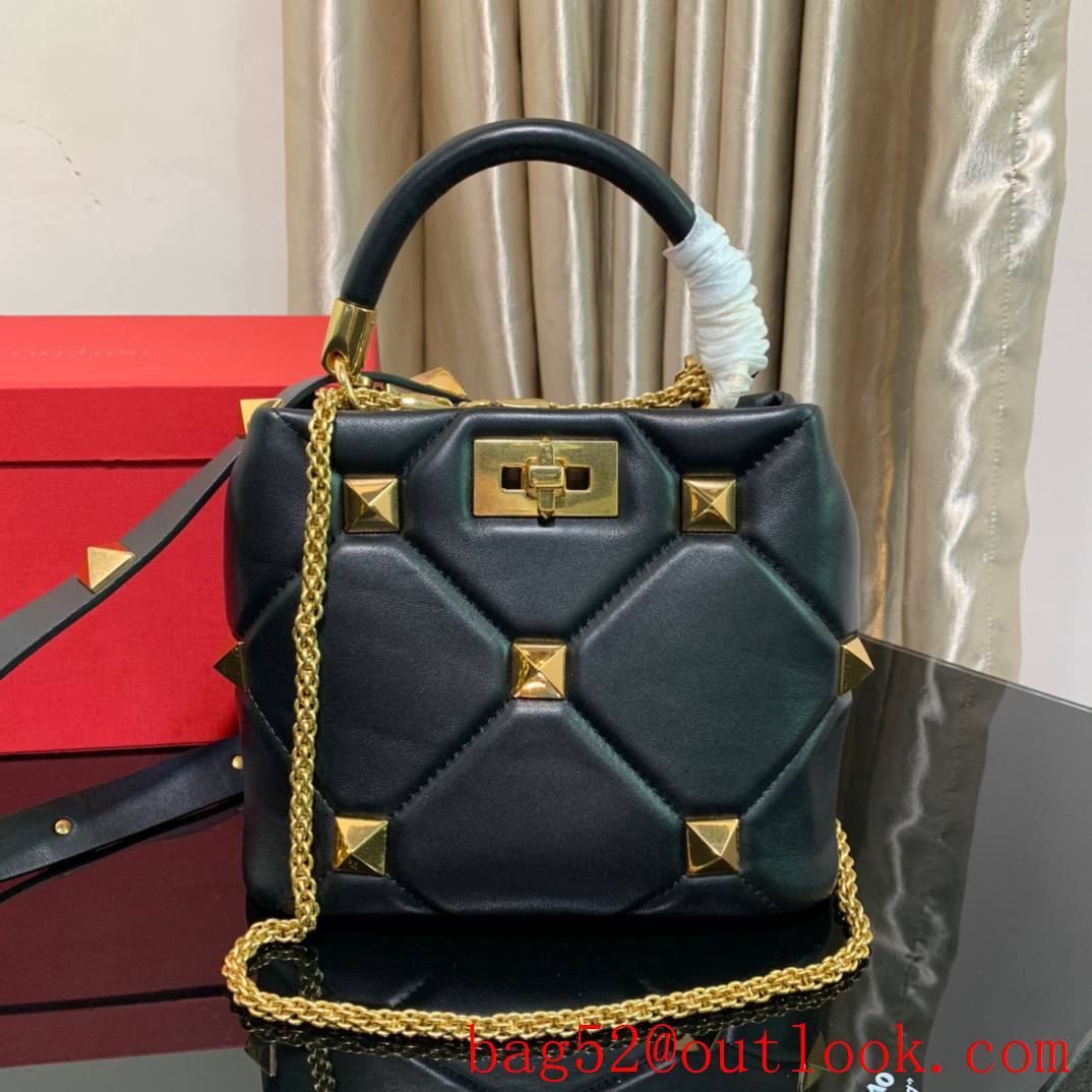 Valentino Small Roman Stud The Handle Bag Nappa Leather Black Gold