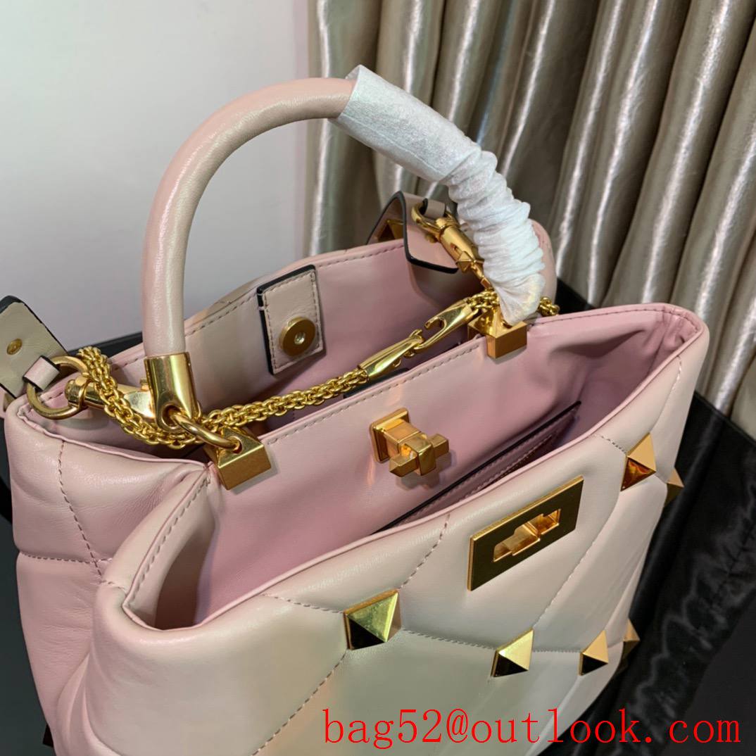 Valentino Large Roman Stud The Handle Bag in Nappa Leather Baby Pink