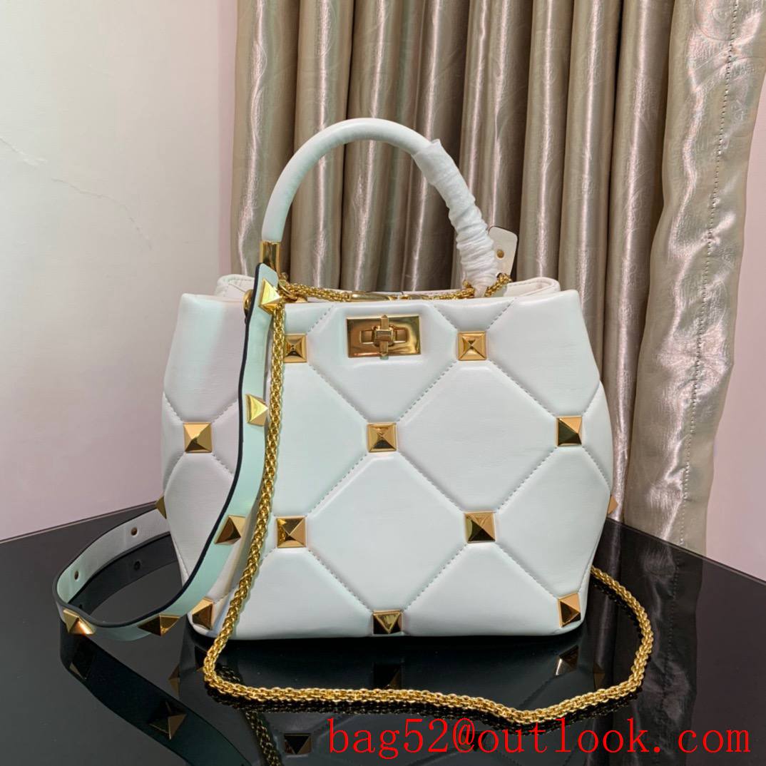 Valentino Large Roman Stud The Handle Bag in Nappa Leather White