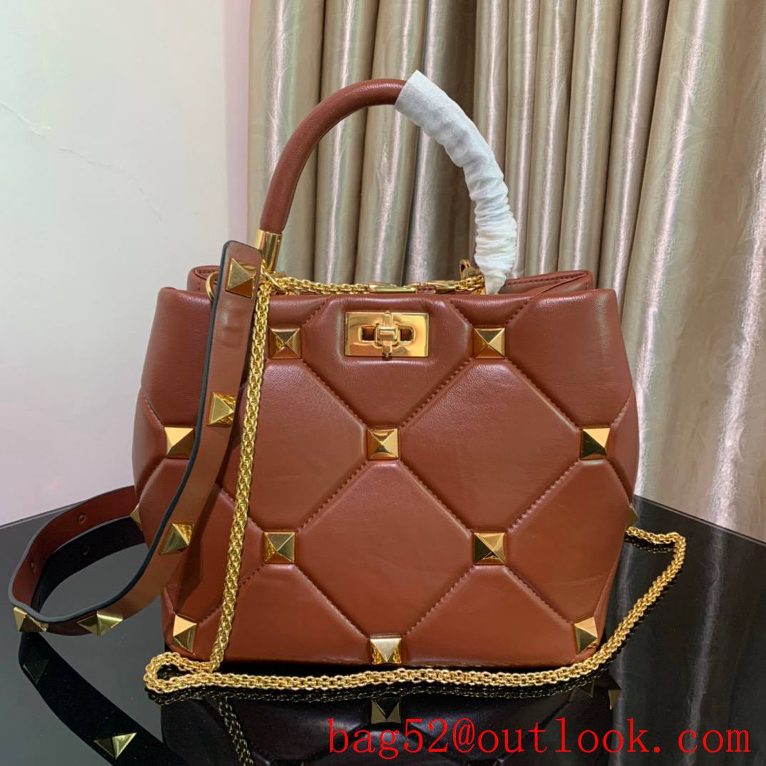 Valentino Large Roman Stud The Handle Bag in Nappa Leather Brown