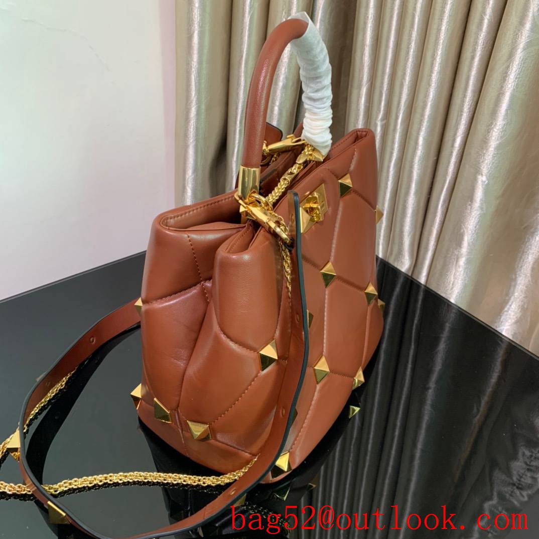 Valentino Large Roman Stud The Handle Bag in Nappa Leather Brown