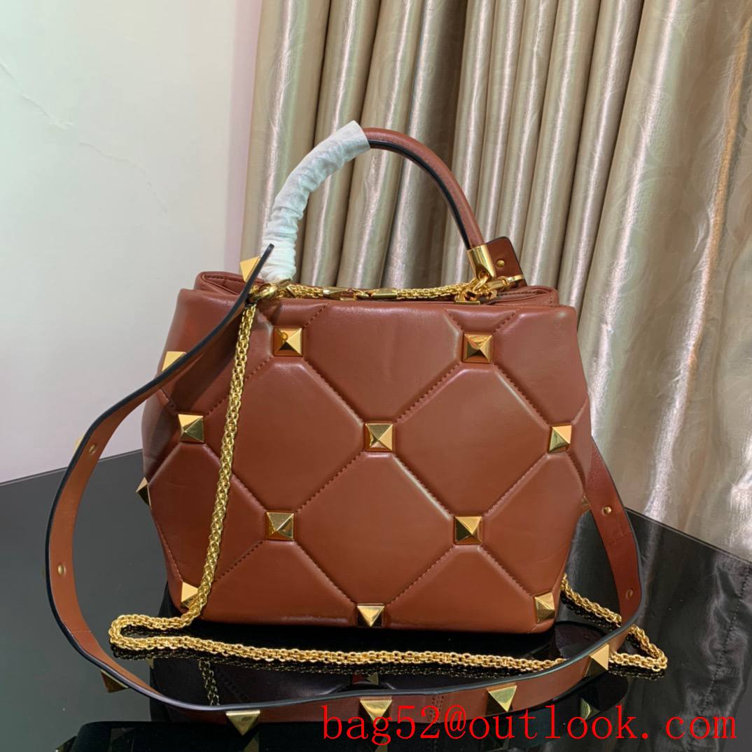 Valentino Large Roman Stud The Handle Bag in Nappa Leather Brown