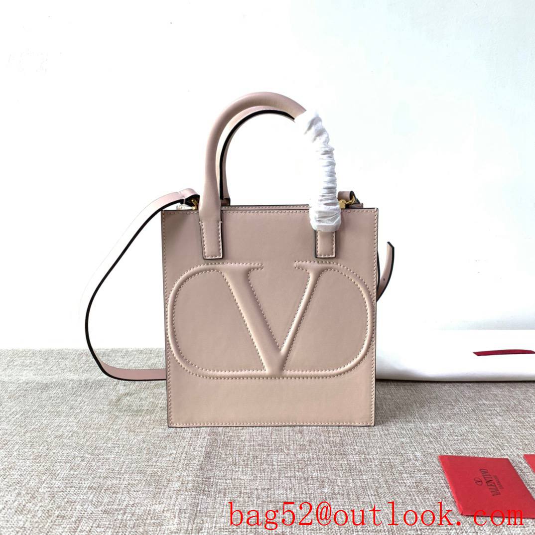 Valentino Small Vlogo Walk Calfskin Tote Handbag Shoulder Bag Beige