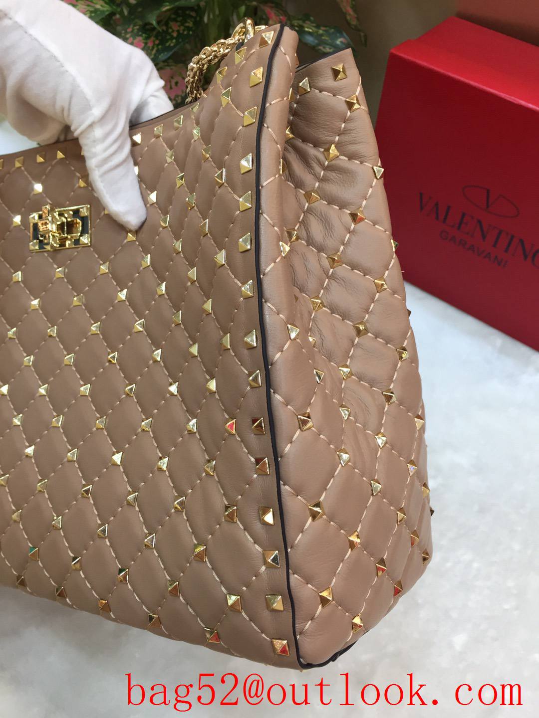 Valentino Rockstud Spike Chain Bag Leather Tote Handbag Apricot