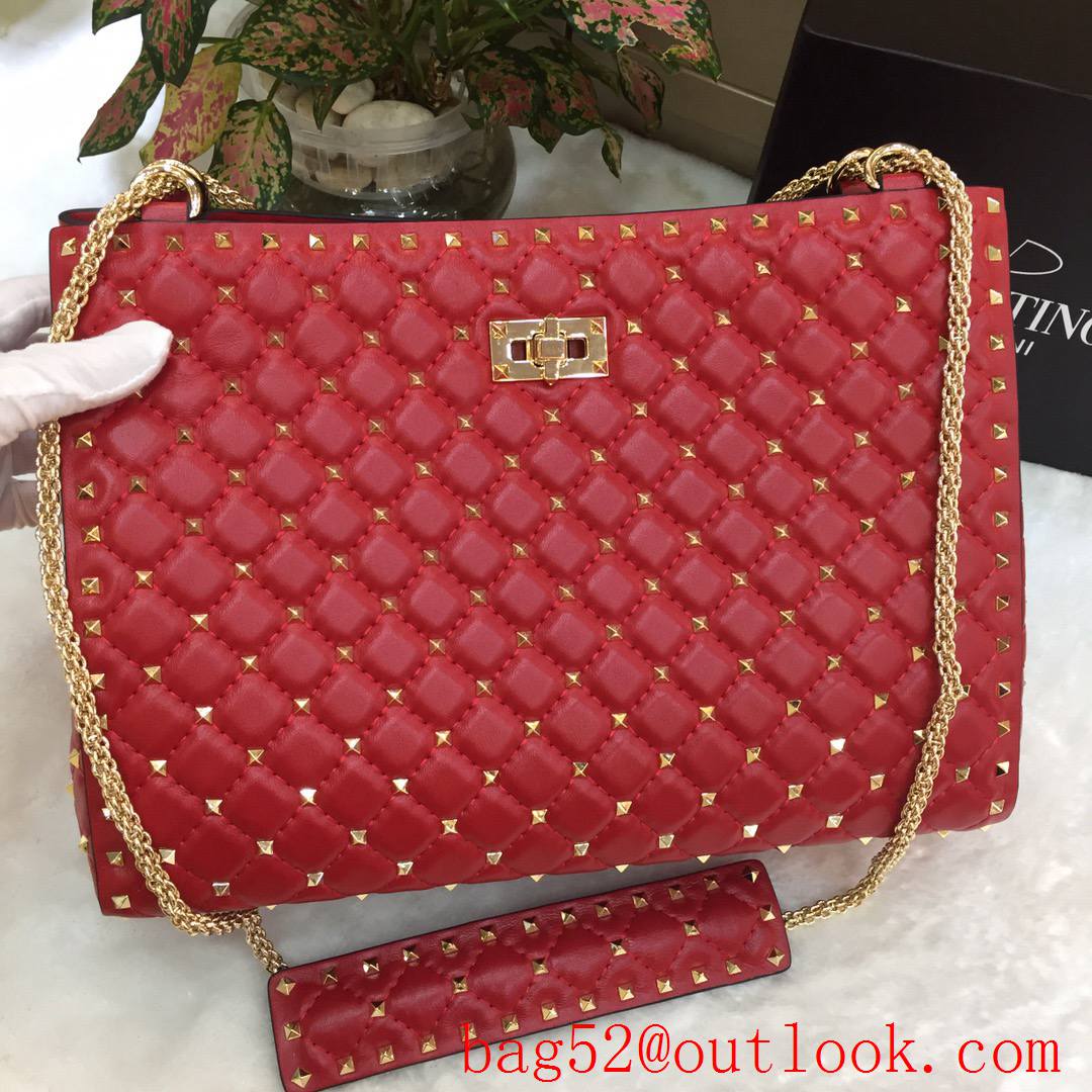 Valentino Rockstud Spike Chain Bag Leather Tote Handbag Red