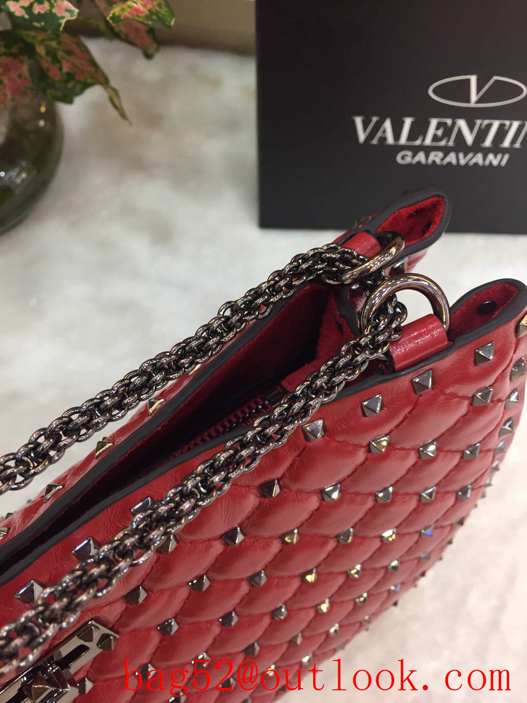 Valentino Rockstud Spike Chain Bag Leather Tote Handbag Tonal Studs