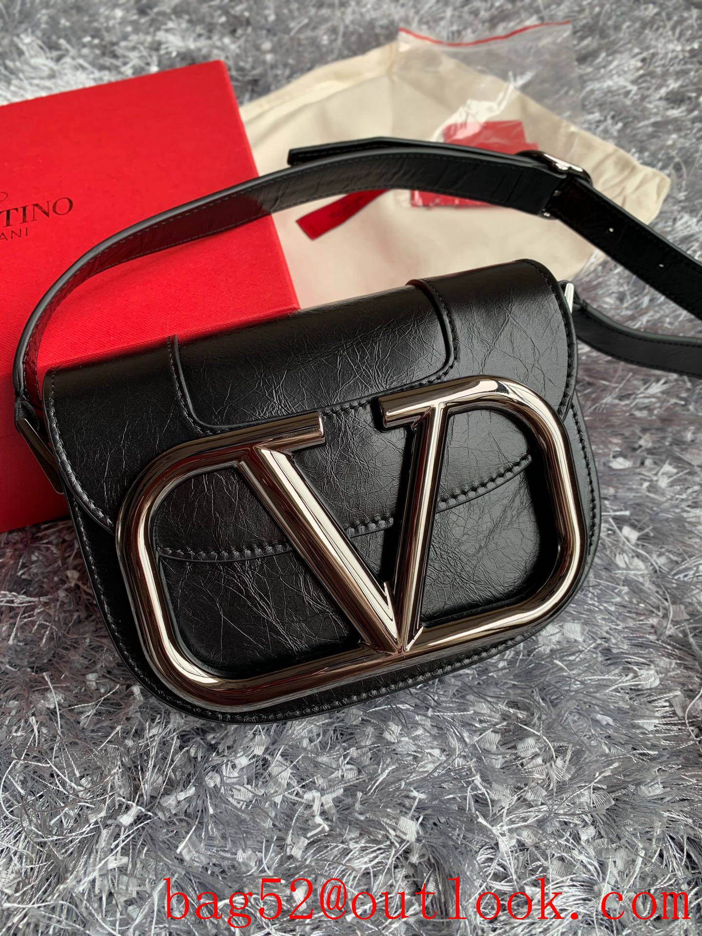 Valentino Small SuperVee Calfskin Crossbody Bag Black Handbag