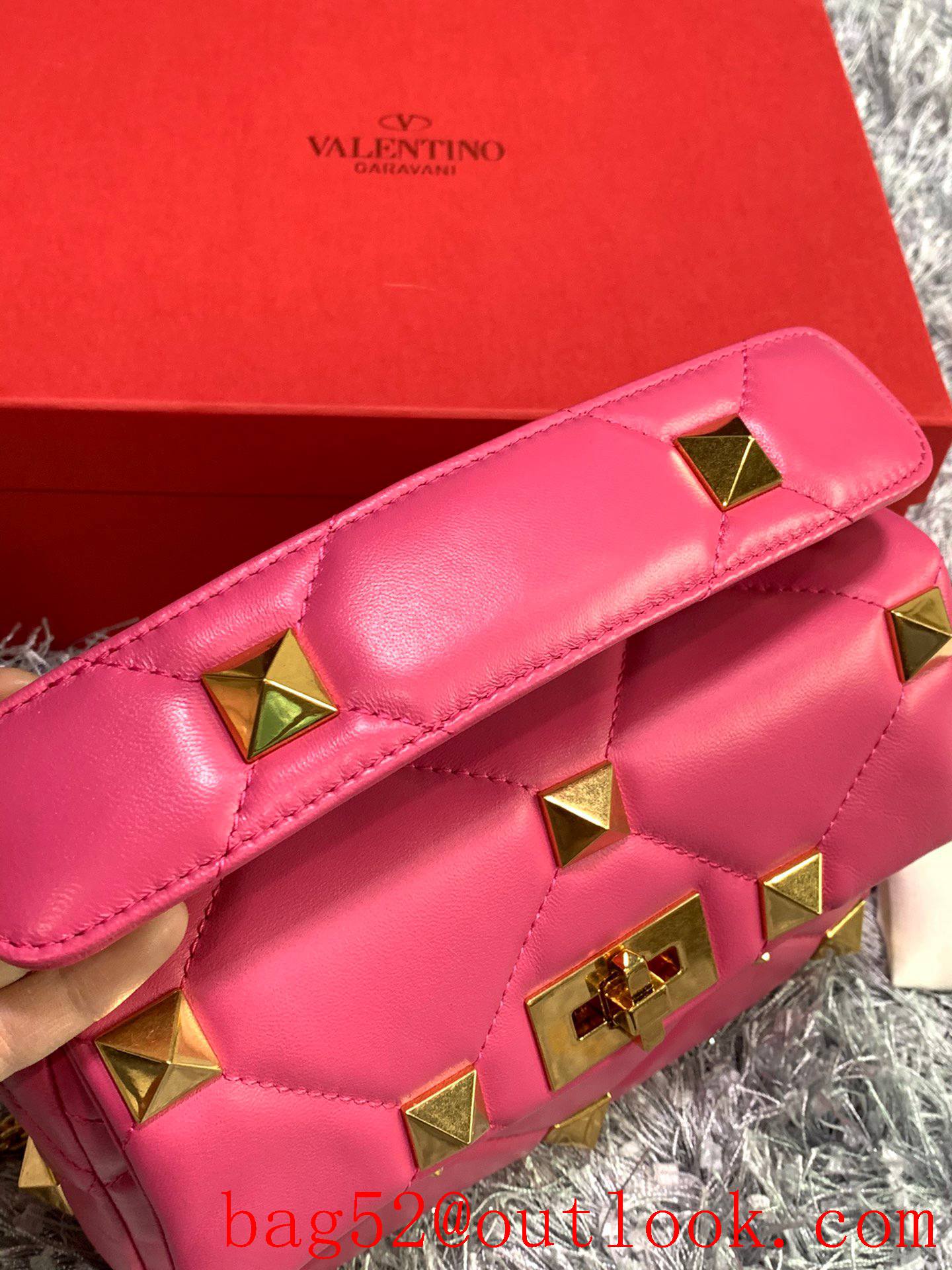 Valentino Medium Roman Stud Shoulder Bag with Chain Rose