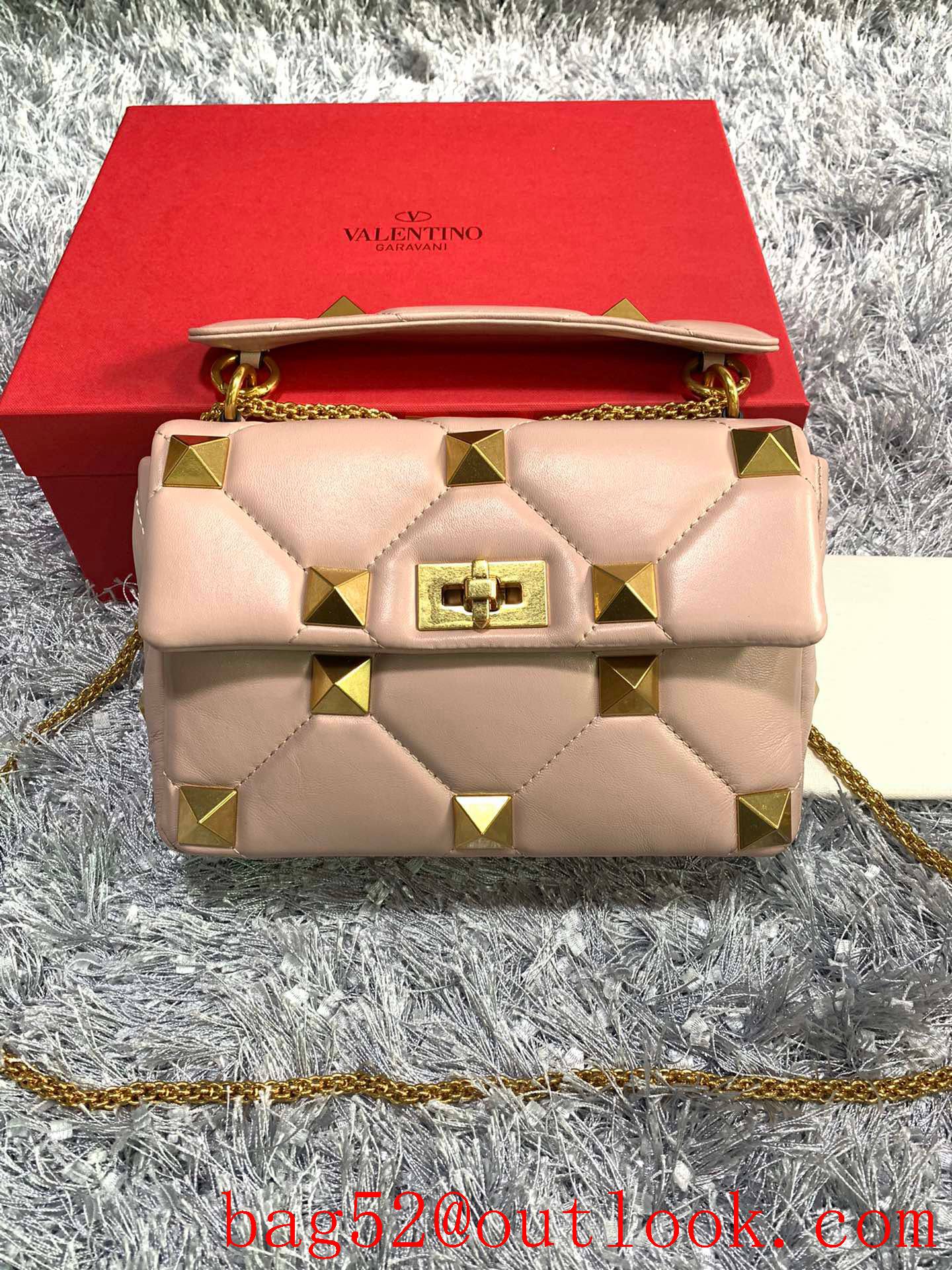 Valentino Medium Roman Stud Shoulder Bag with Chain Apricot