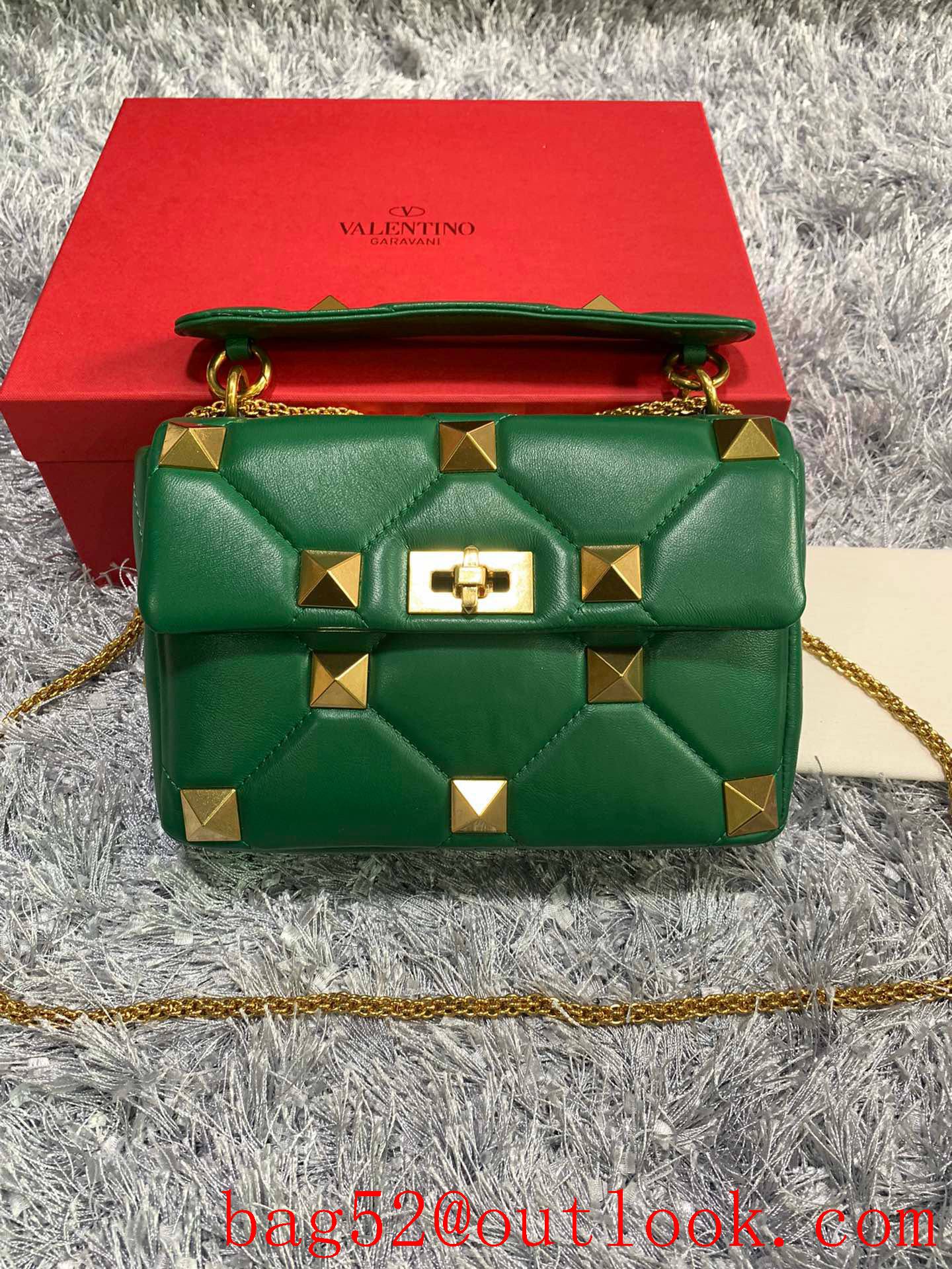 Valentino Medium Roman Stud Shoulder Bag with Chain Green