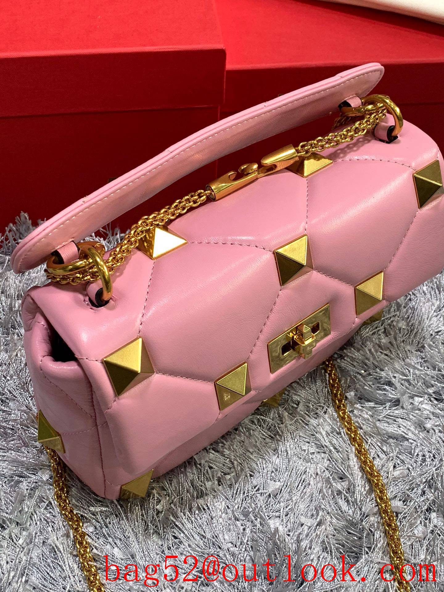 Valentino Medium Roman Stud Shoulder Bag with Chain Pink