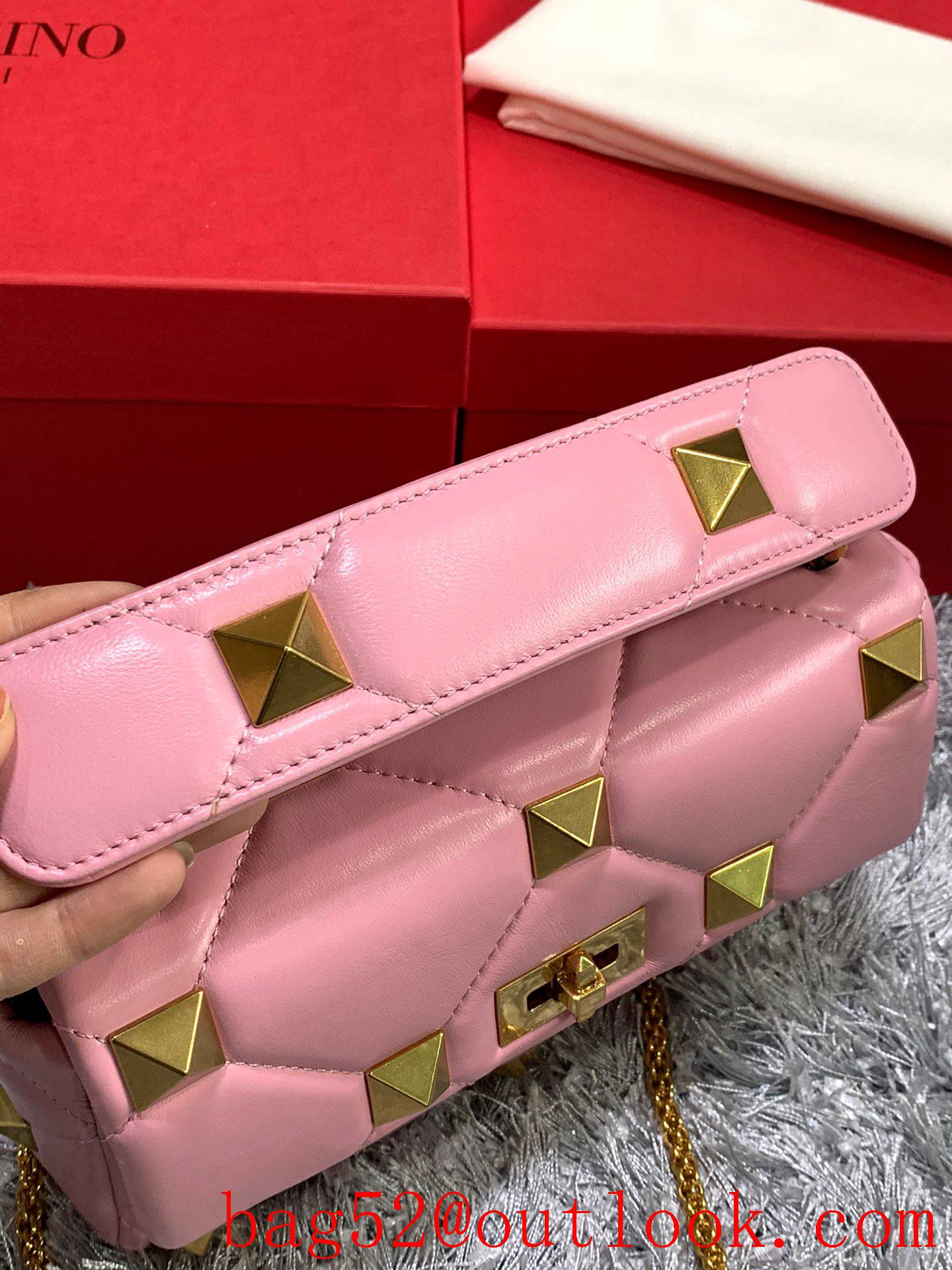 Valentino Medium Roman Stud Shoulder Bag with Chain Pink