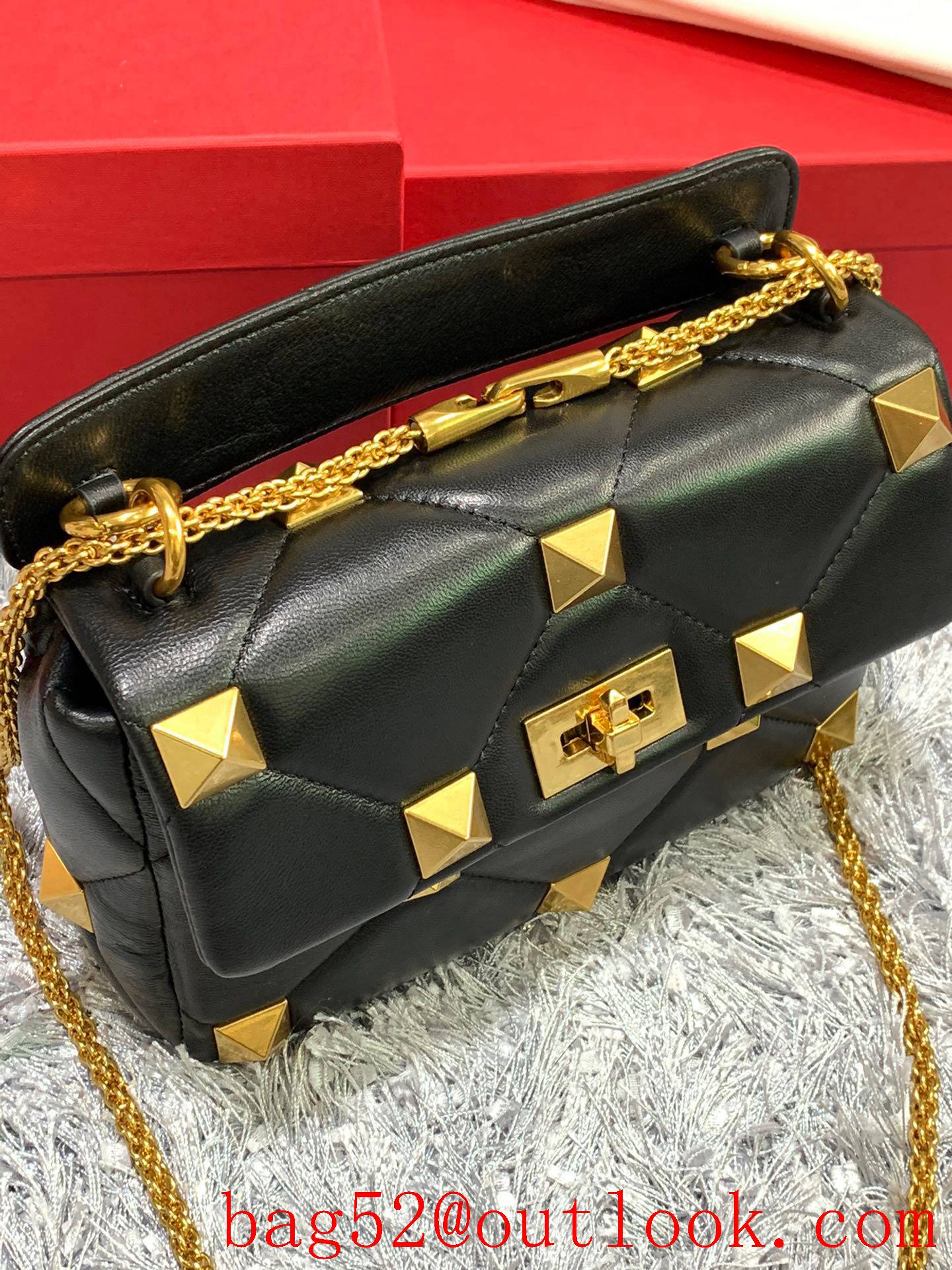 Valentino Medium Roman Stud Shoulder Bag with Chain Black