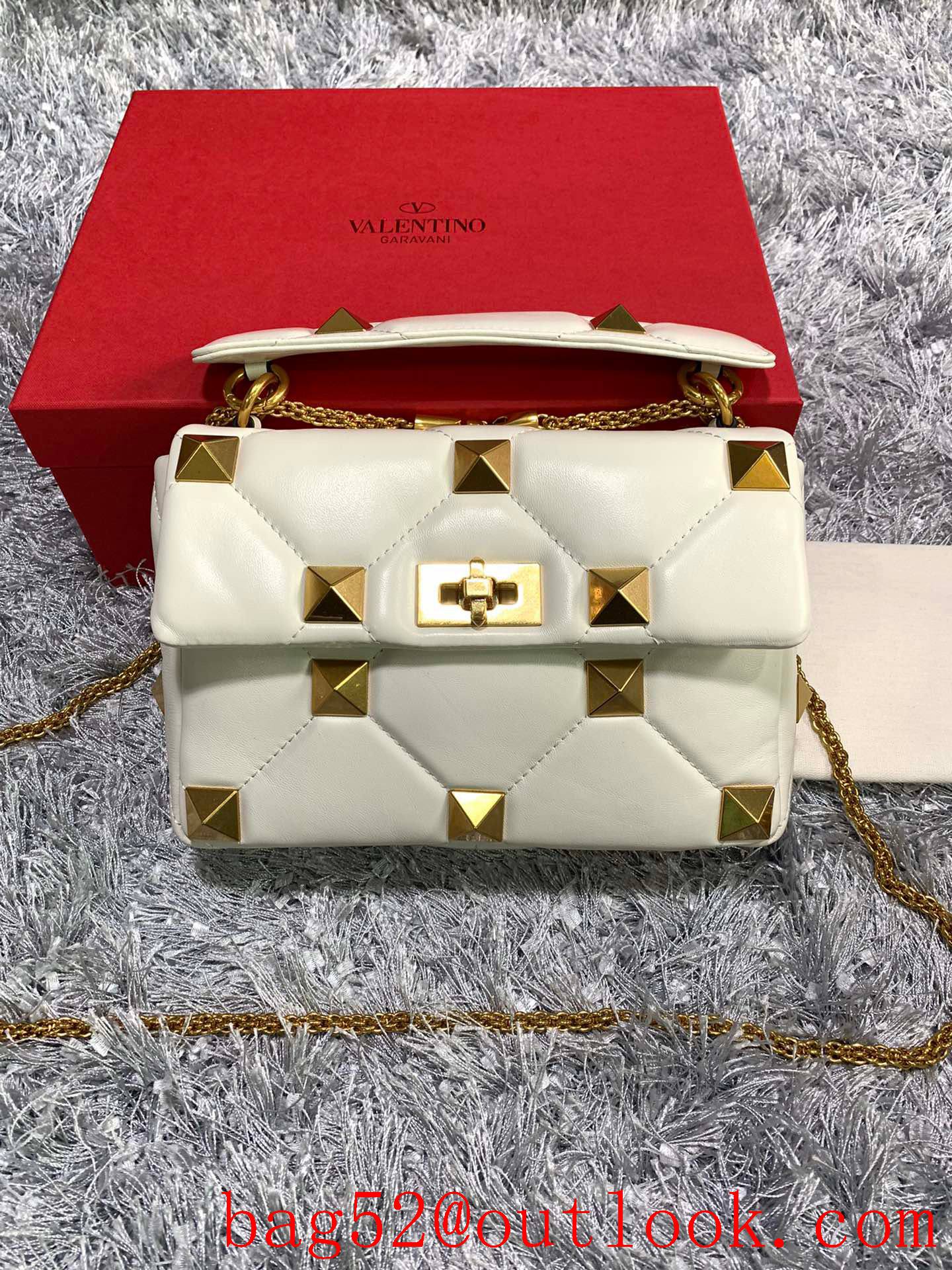 Valentino Medium Roman Stud Shoulder Bag with Chain Cream