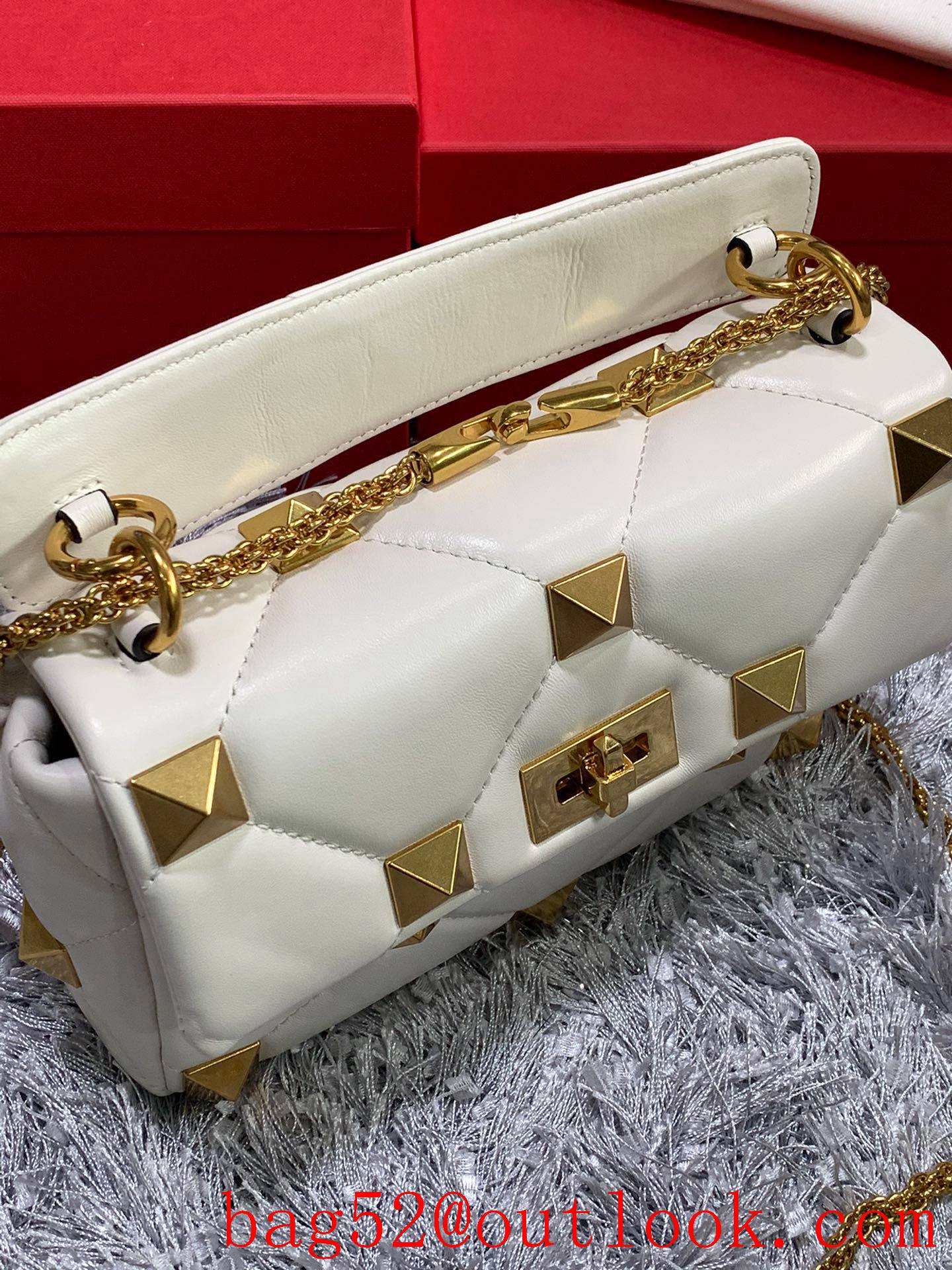 Valentino Medium Roman Stud Shoulder Bag with Chain Cream