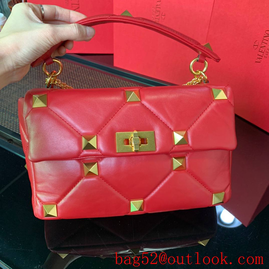 Valentino Large Roman Stud Shoulder Bag with Chain Red