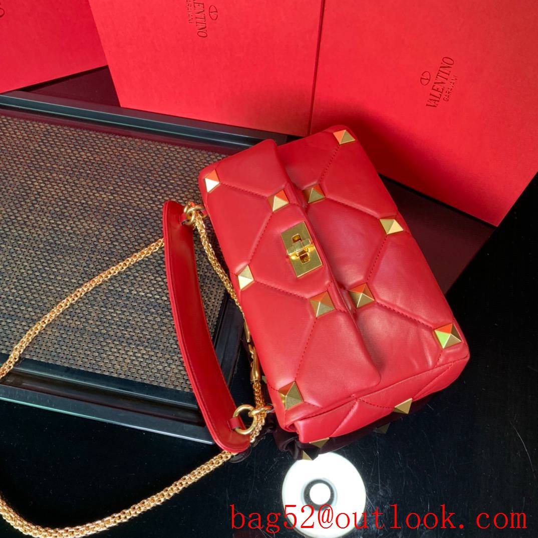 Valentino Large Roman Stud Shoulder Bag with Chain Red