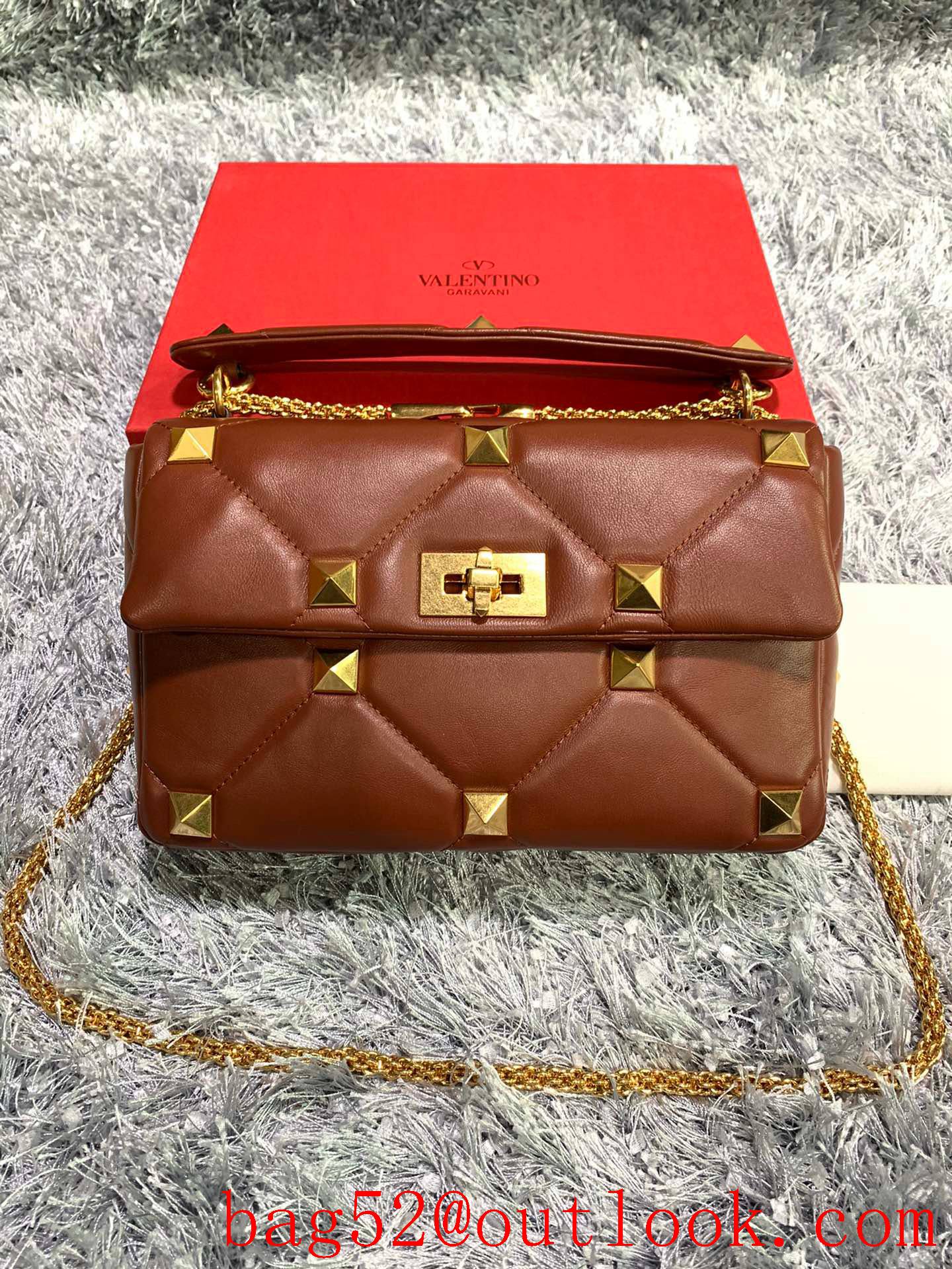 Valentino Large Roman Stud Shoulder Bag with Chain Brown