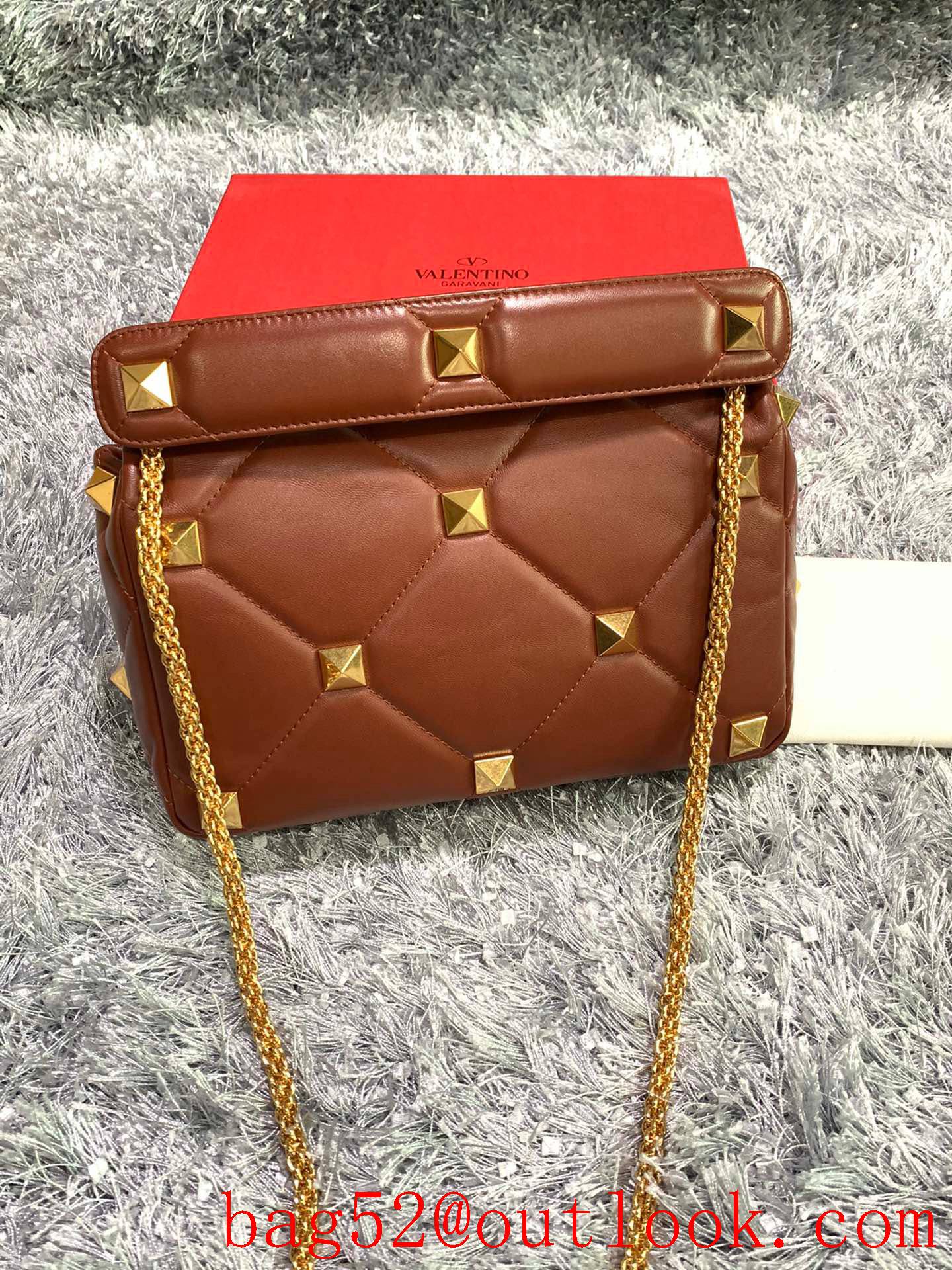 Valentino Large Roman Stud Shoulder Bag with Chain Brown