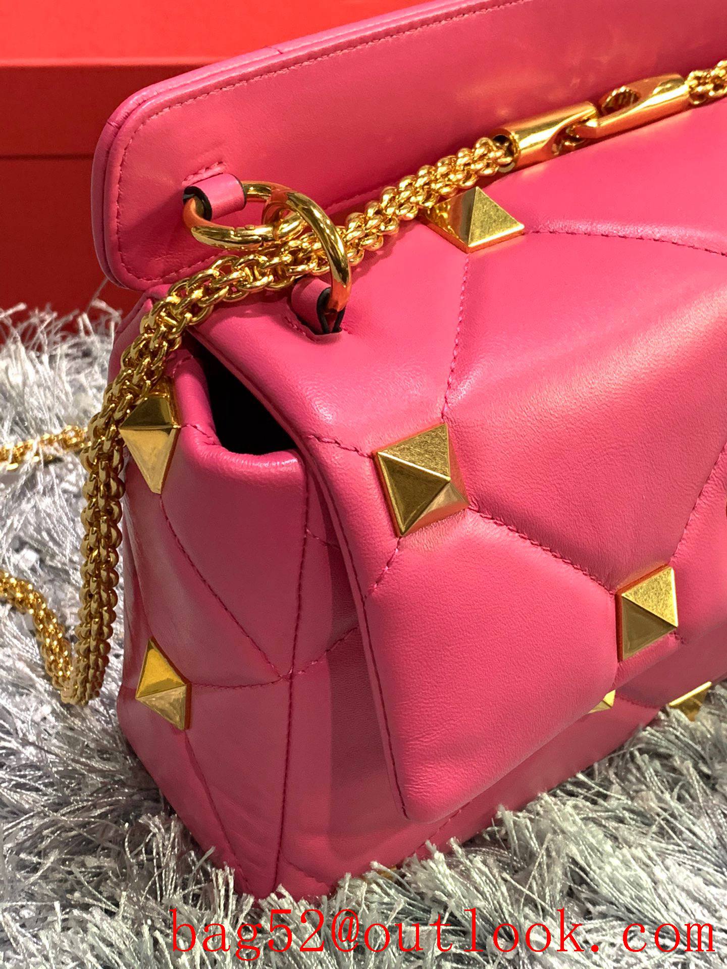 Valentino Large Roman Stud Shoulder Bag with Chain Rose