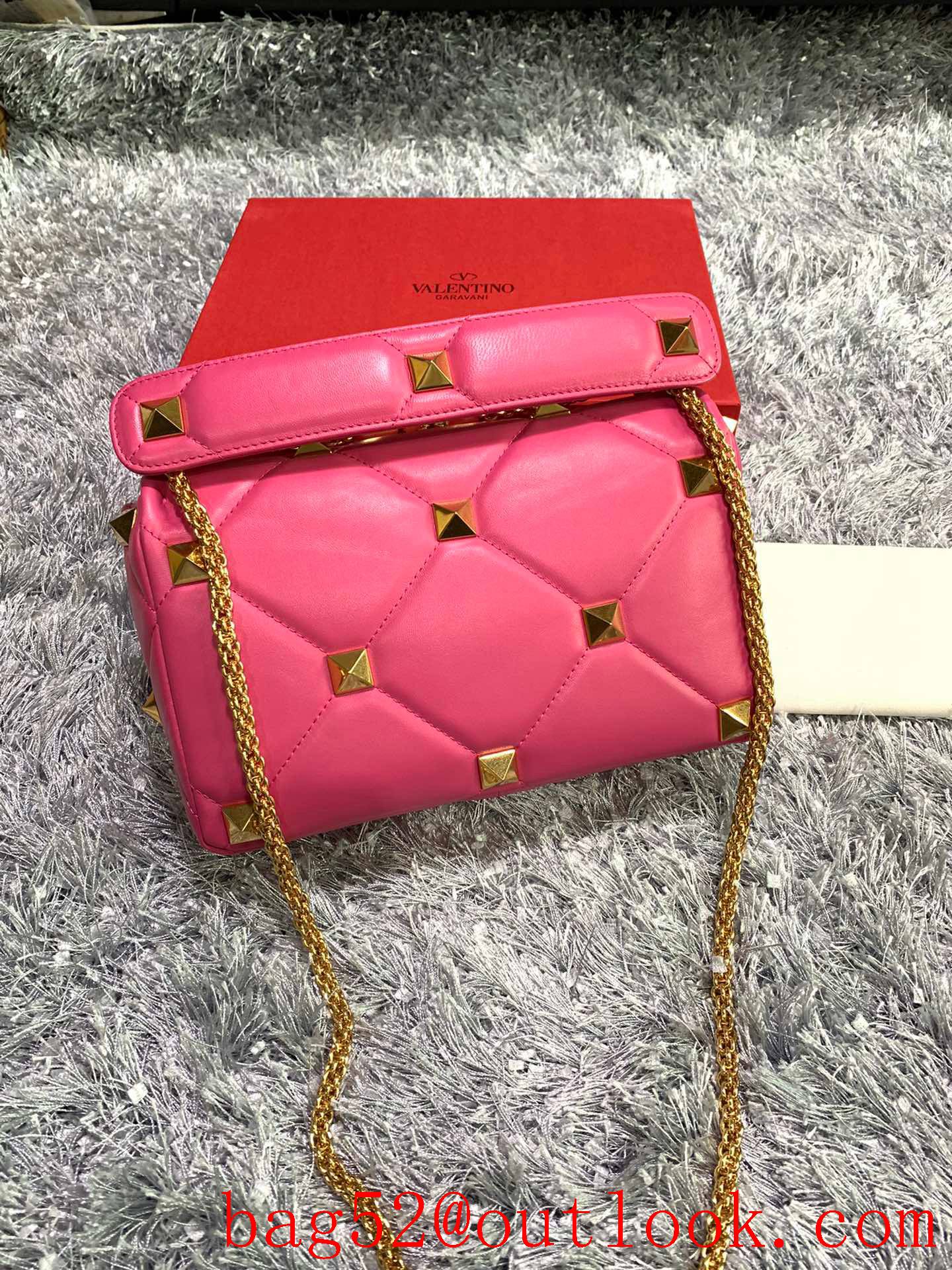 Valentino Large Roman Stud Shoulder Bag with Chain Rose