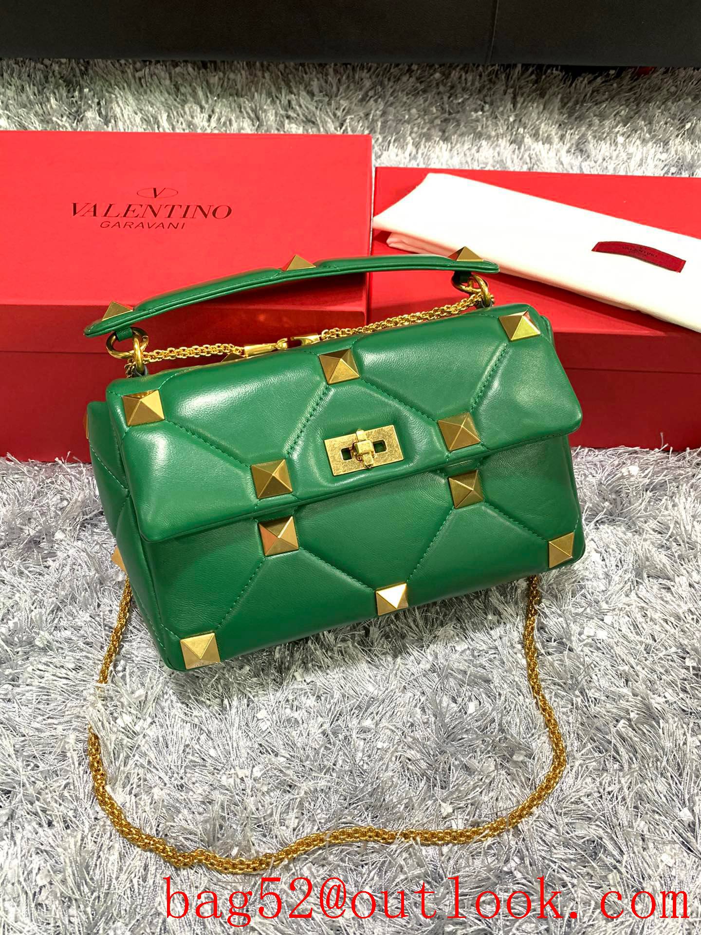 Valentino Large Roman Stud Shoulder Bag with Chain Green