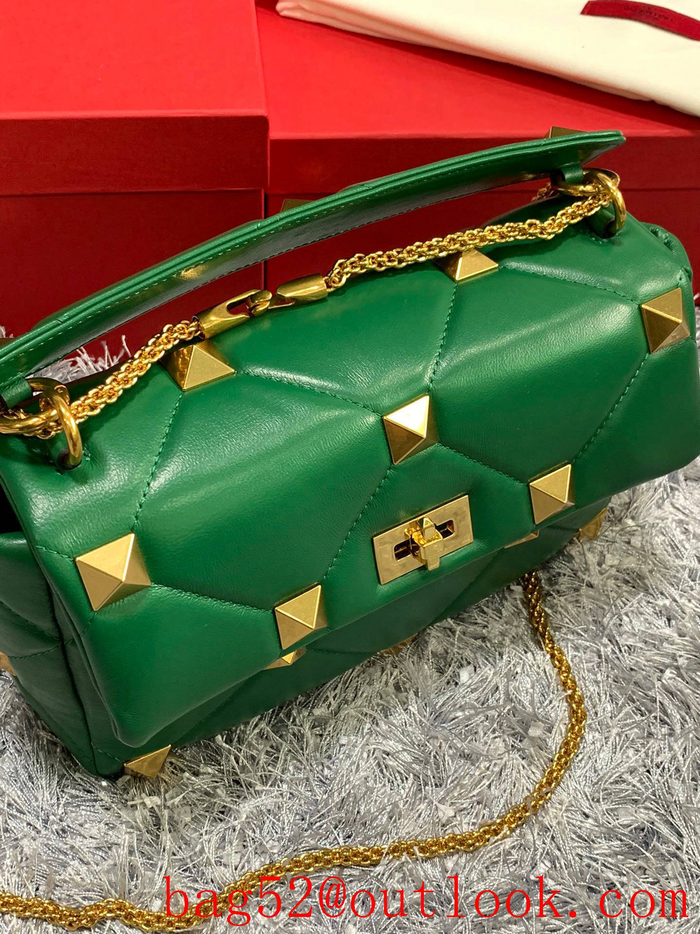 Valentino Large Roman Stud Shoulder Bag with Chain Green