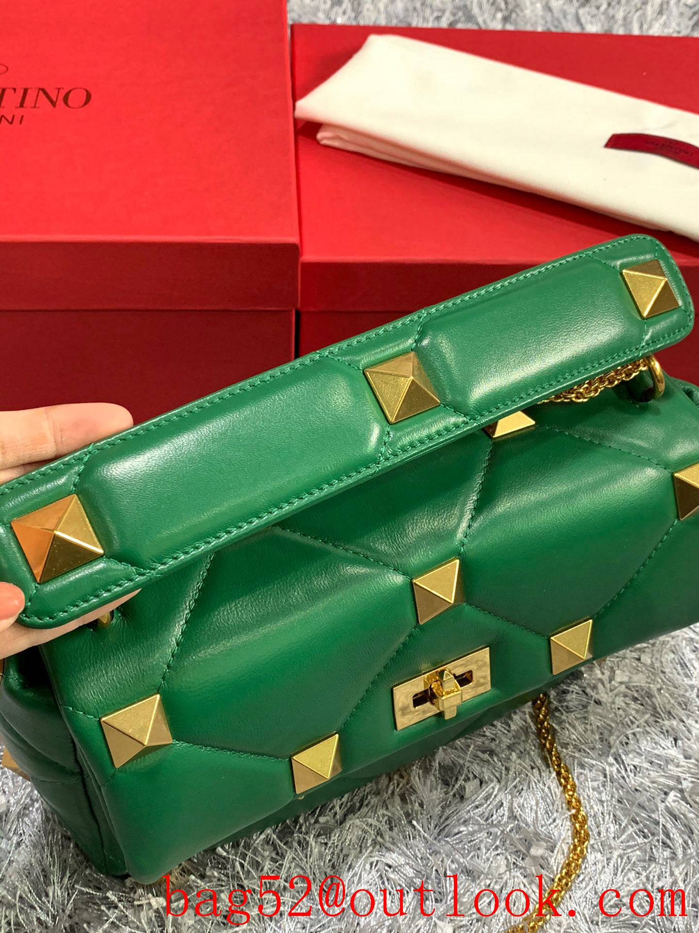 Valentino Large Roman Stud Shoulder Bag with Chain Green