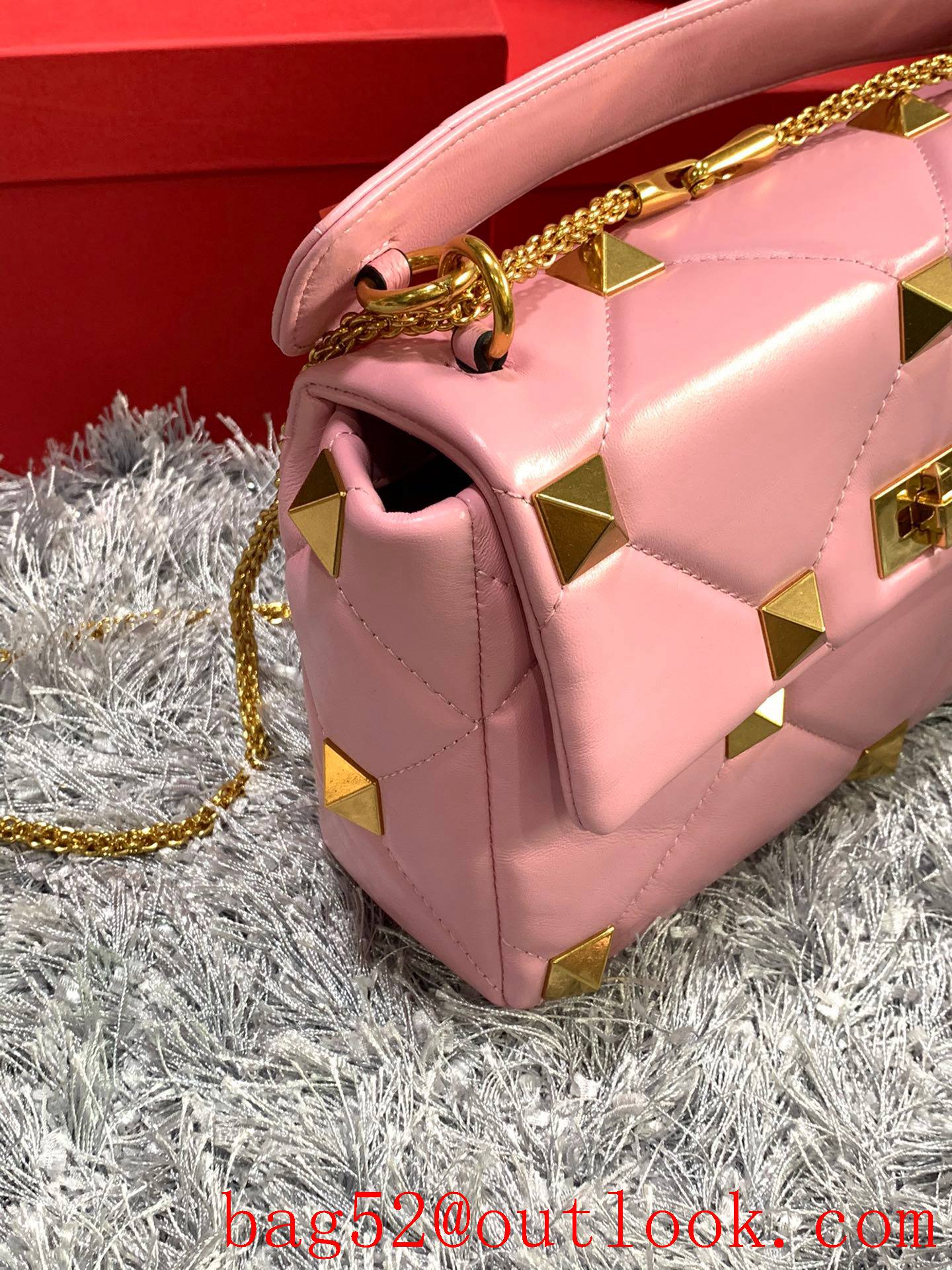 Valentino Large Roman Stud Shoulder Bag with Chain Pink