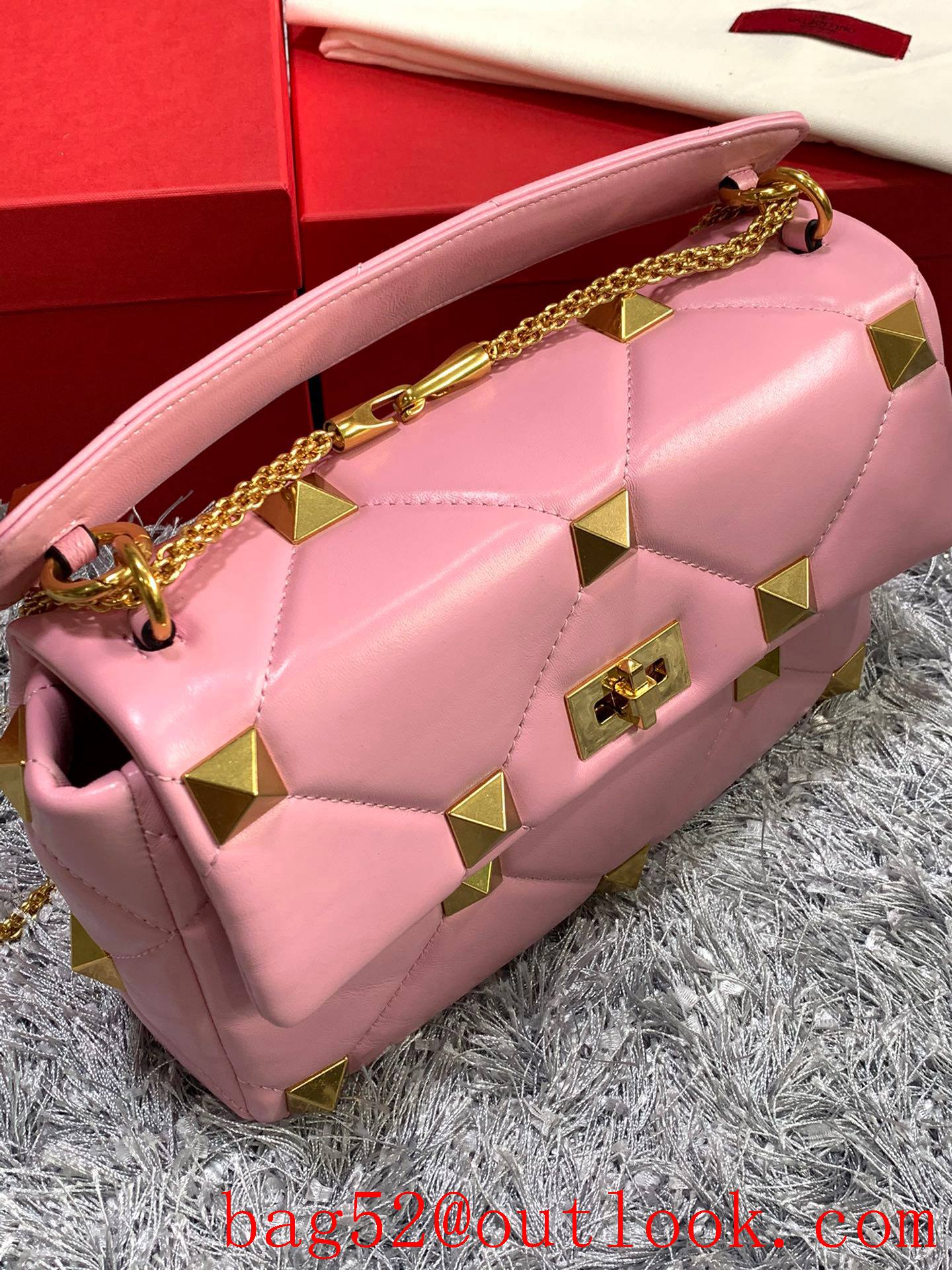 Valentino Large Roman Stud Shoulder Bag with Chain Pink
