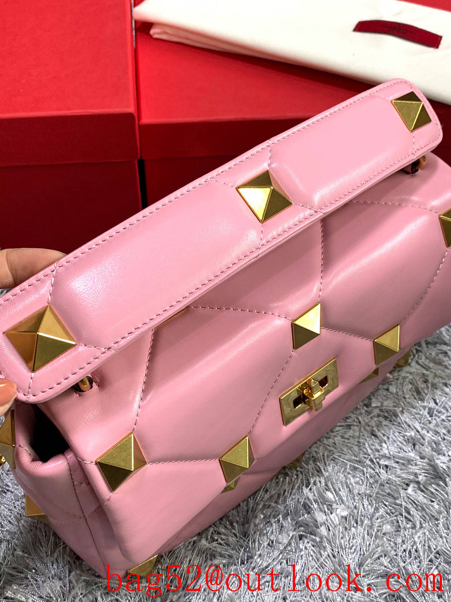 Valentino Large Roman Stud Shoulder Bag with Chain Pink
