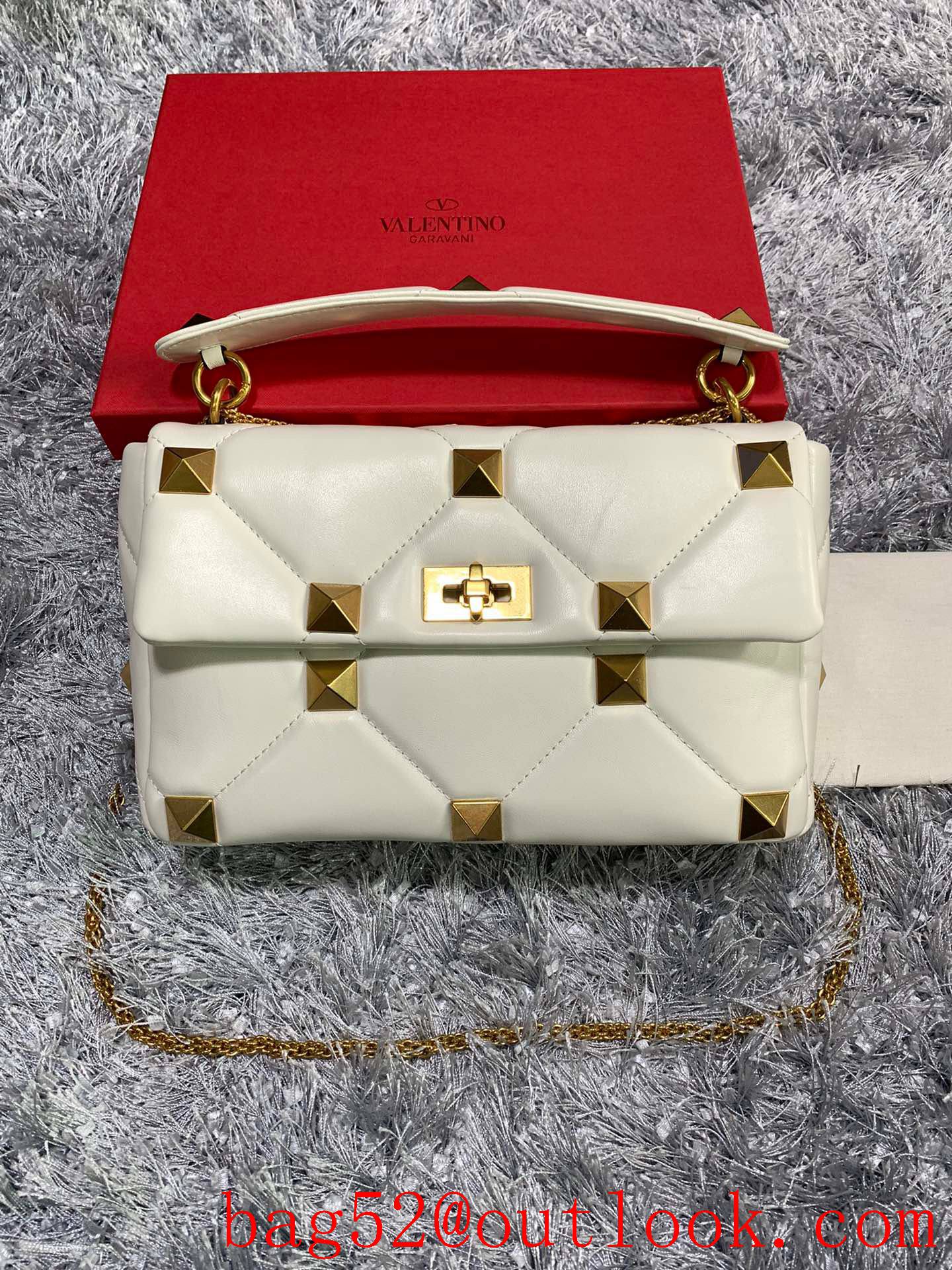 Valentino Large Roman Stud Shoulder Bag with Chain Cream