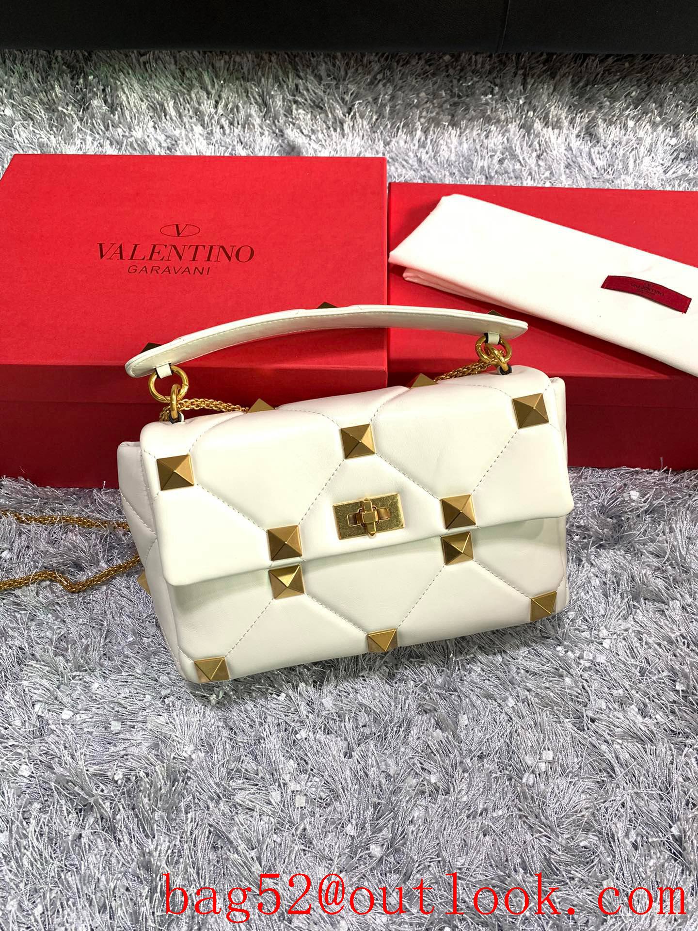 Valentino Large Roman Stud Shoulder Bag with Chain Cream