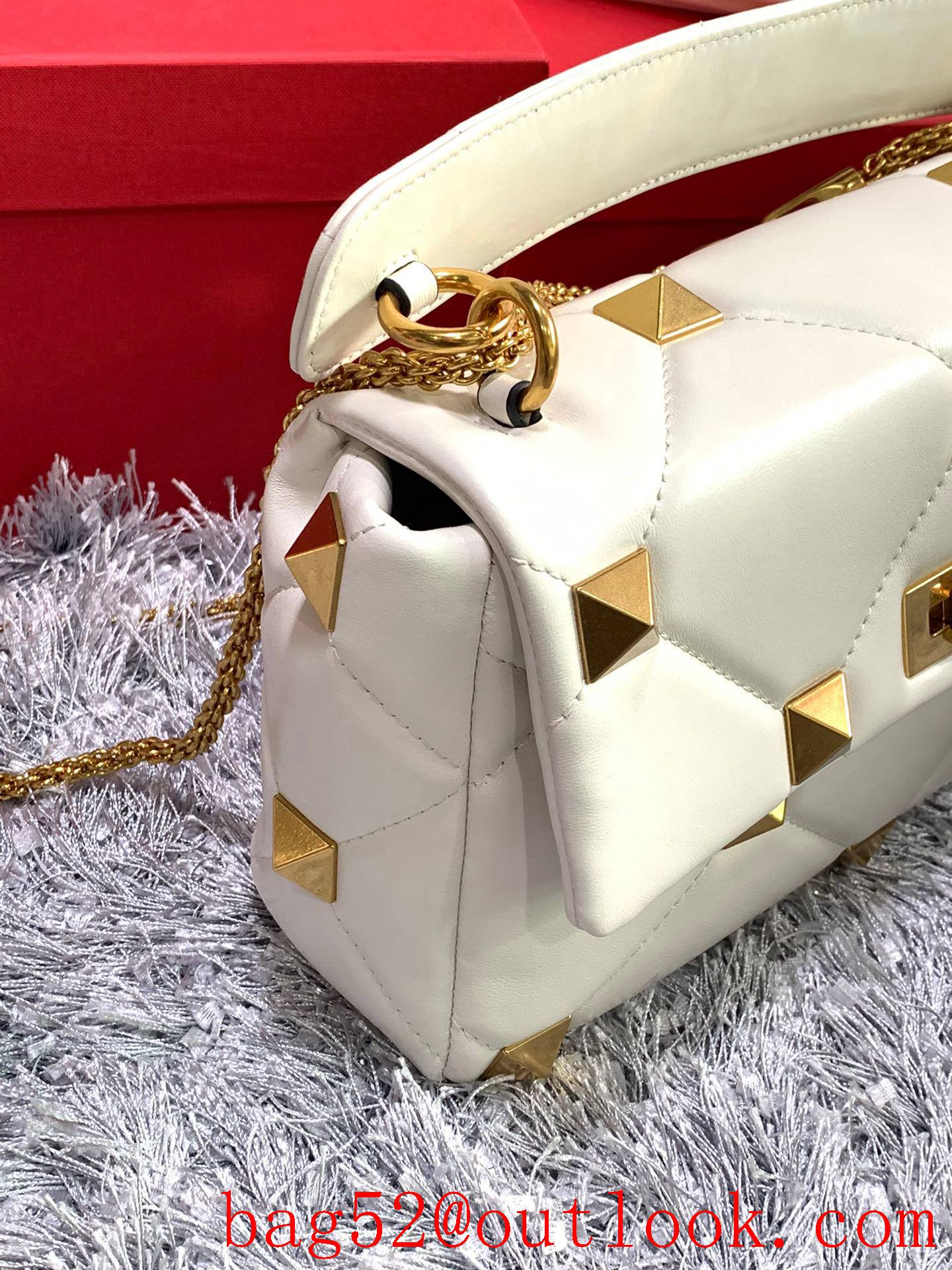 Valentino Large Roman Stud Shoulder Bag with Chain Cream