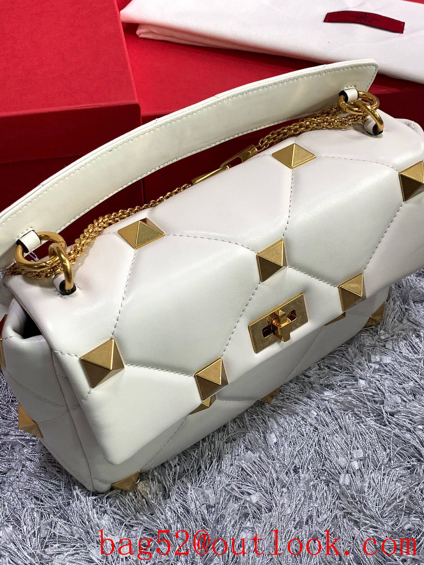 Valentino Large Roman Stud Shoulder Bag with Chain Cream