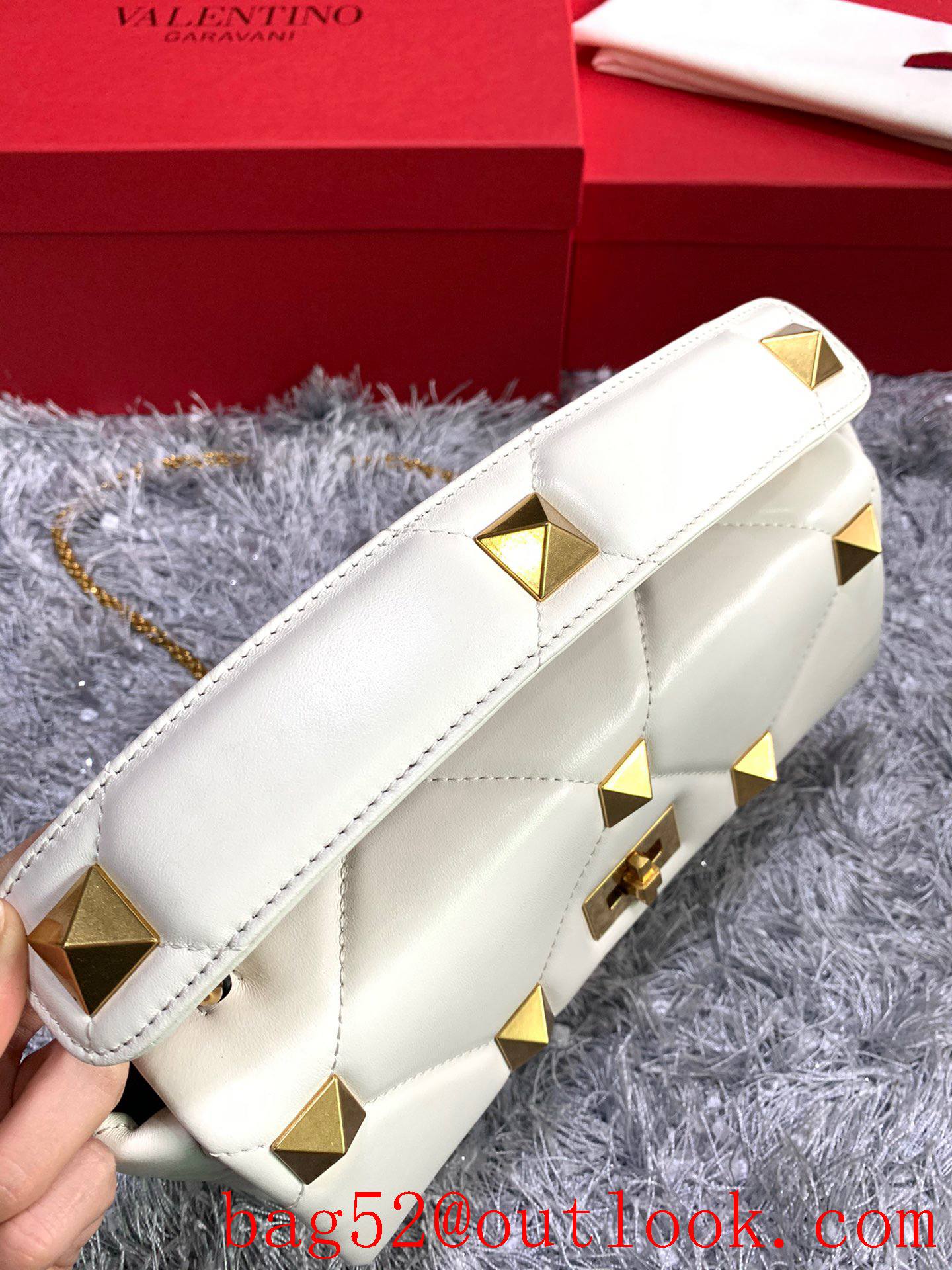 Valentino Large Roman Stud Shoulder Bag with Chain Cream