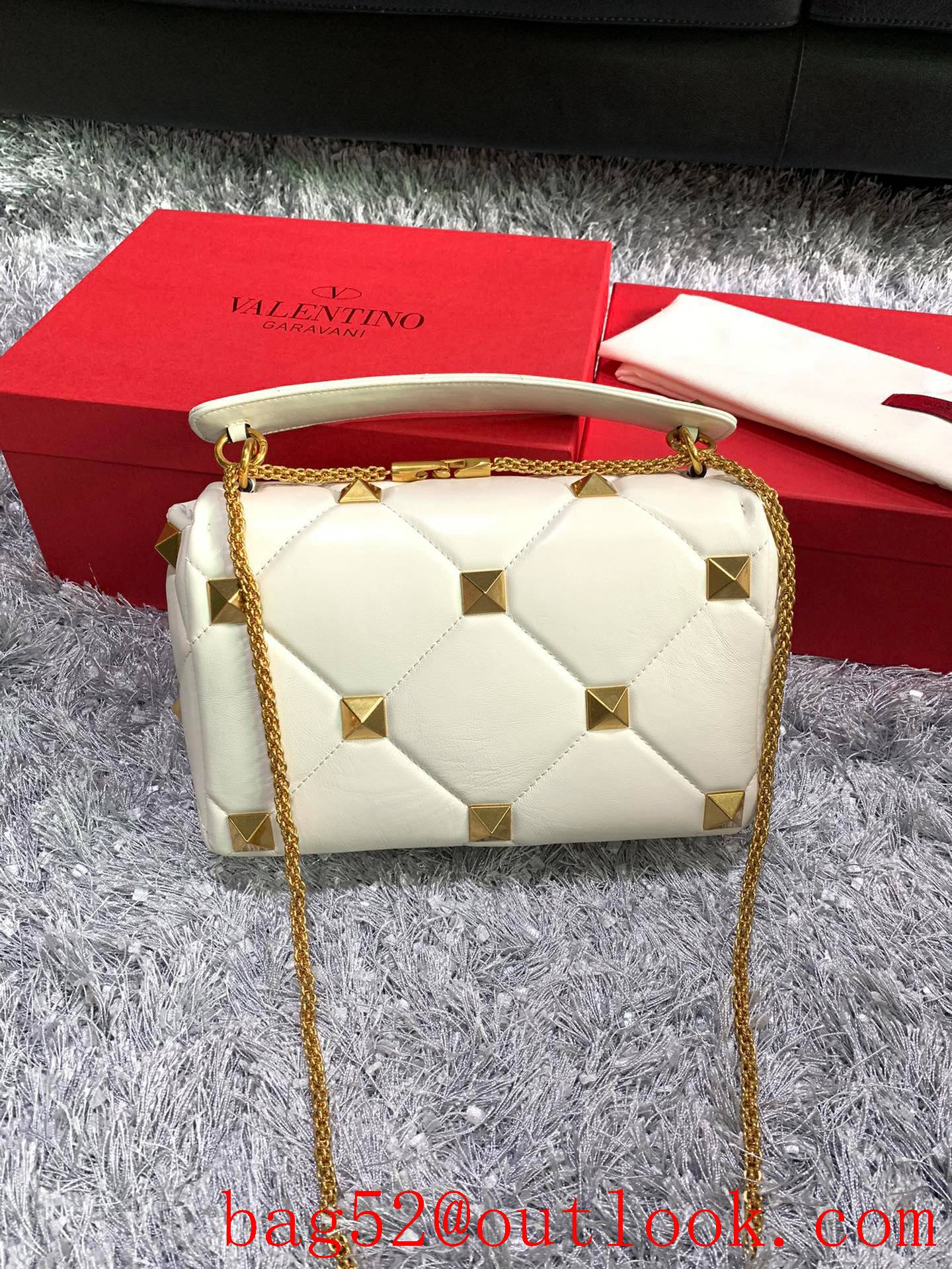 Valentino Large Roman Stud Shoulder Bag with Chain Cream