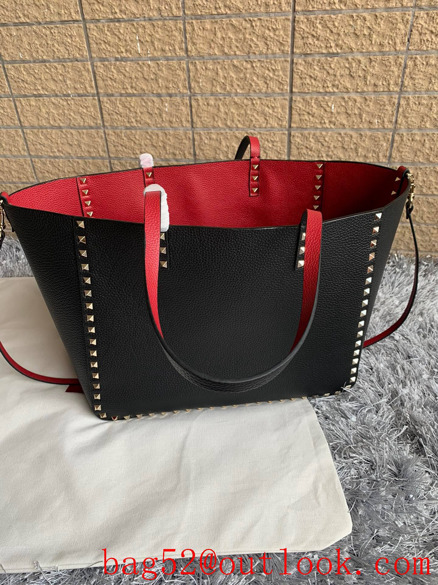 Valentino Rockstud Shopping Bag Tote Handbag Black with Red