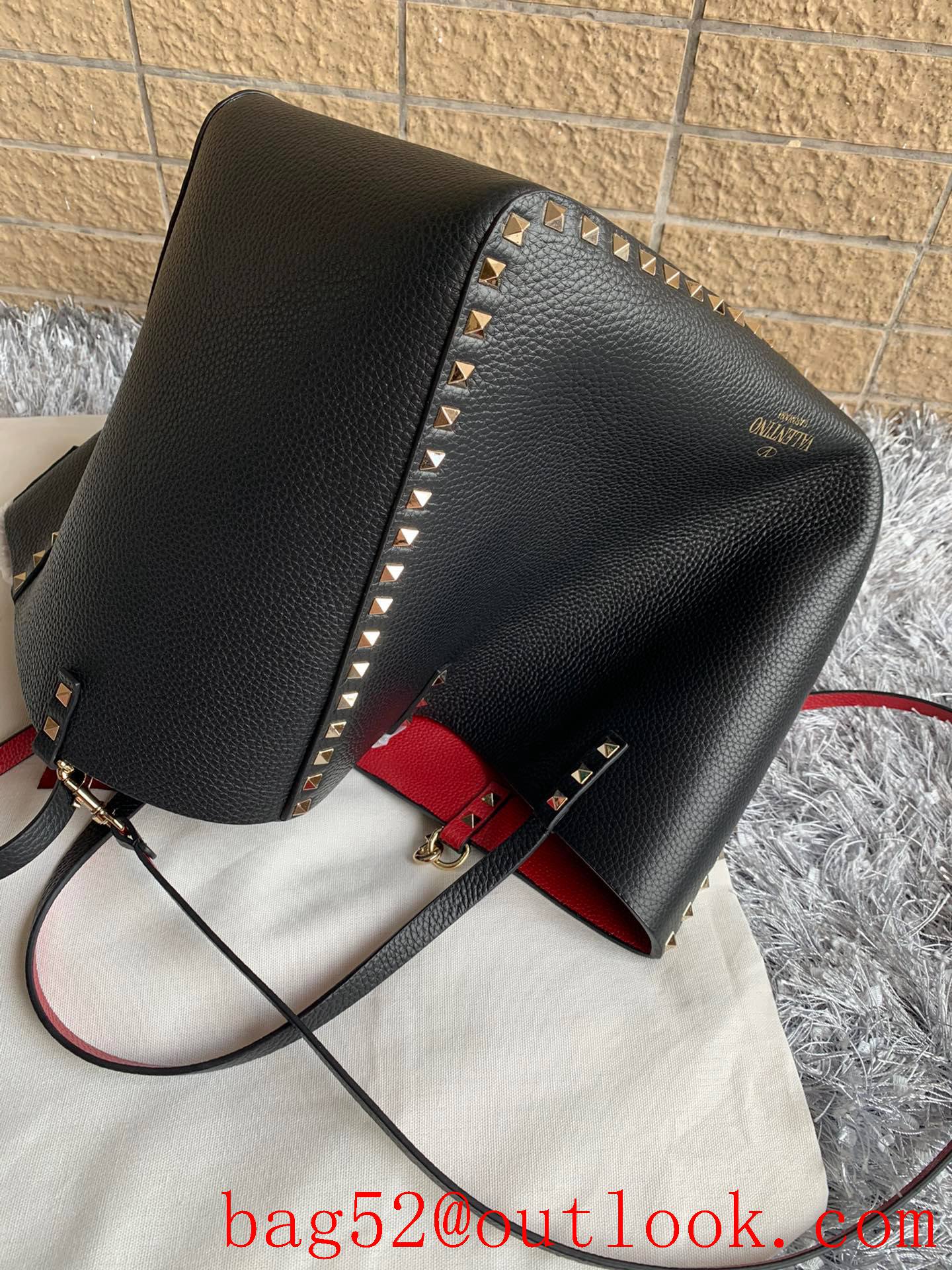 Valentino Rockstud Shopping Bag Tote Handbag Black with Red