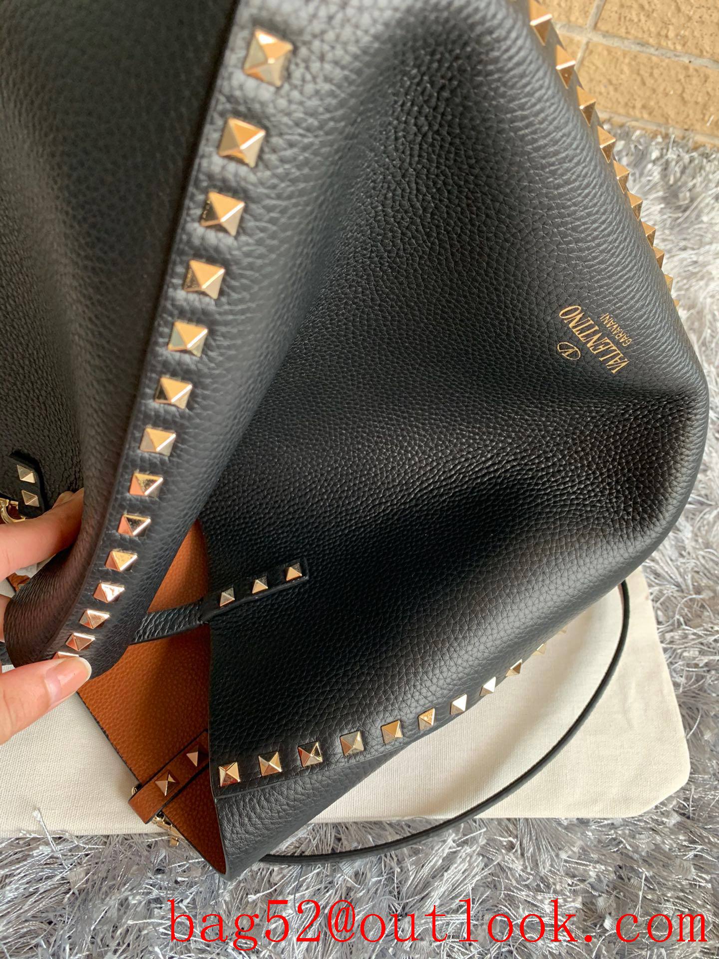 Valentino Rockstud Shopping Bag Tote Handbag Black with Tan