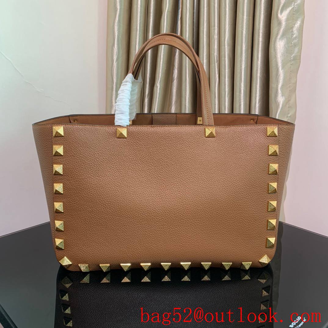 Valentino Rockstud Large Calfskin Shopping Bag Tote Handbag Brown