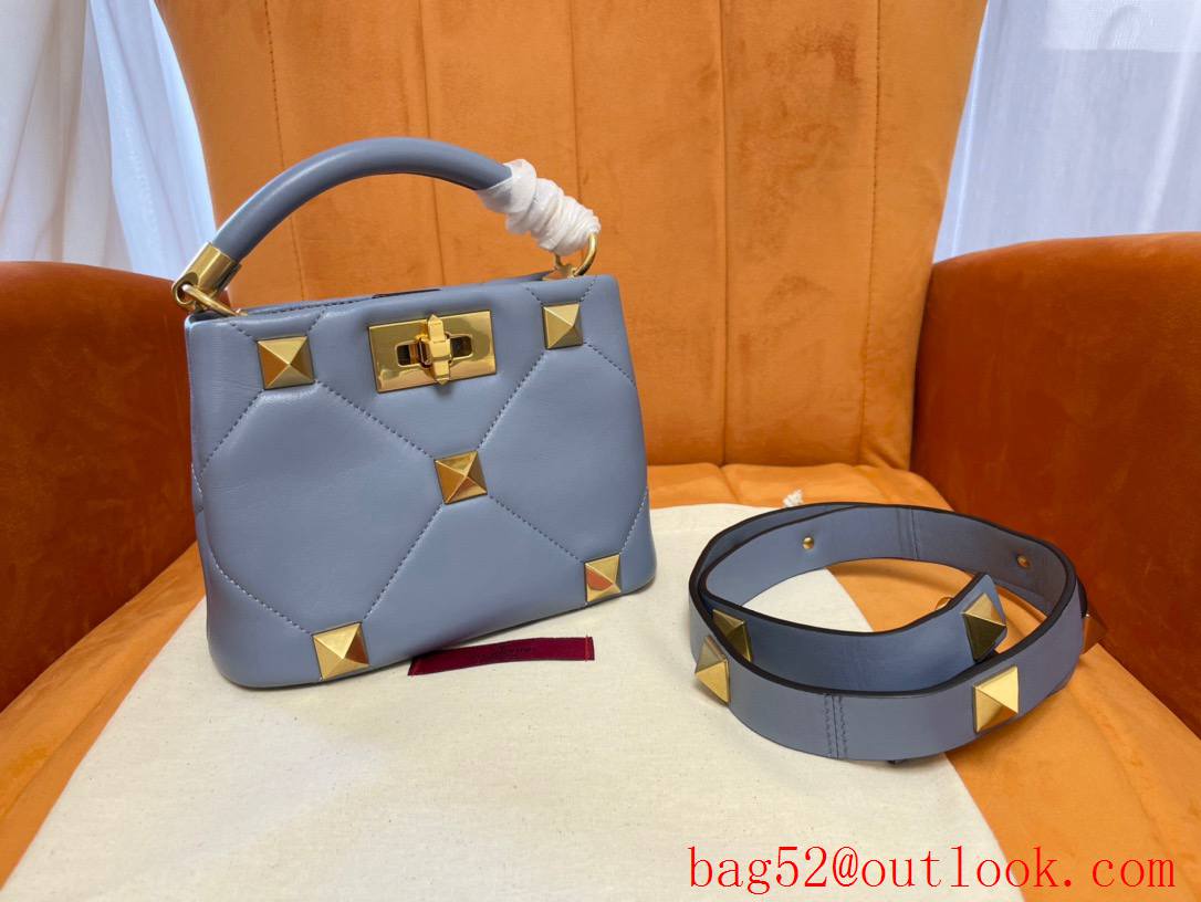 Valentino Mini Roman Stud The Handle Bag In Nappa Grey Blue 520
