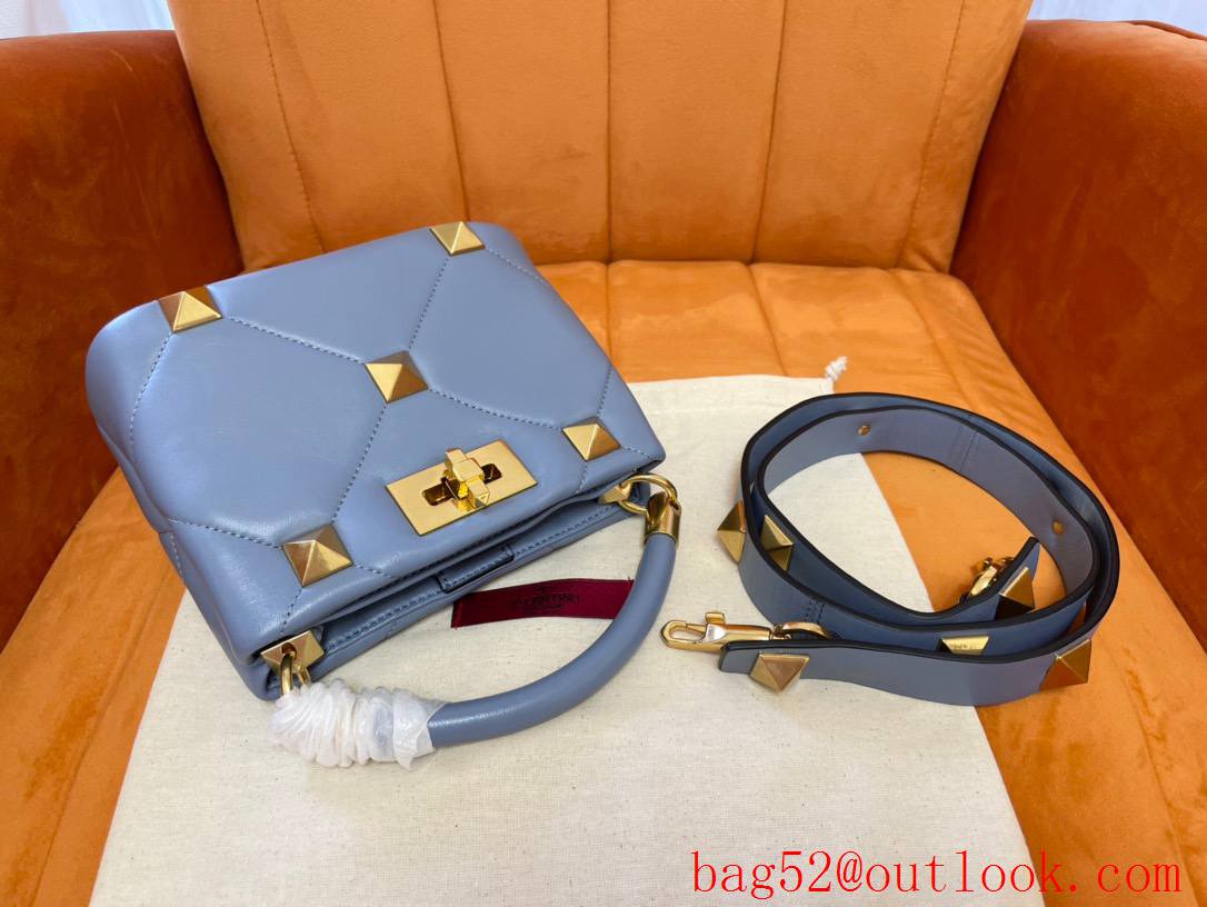 Valentino Mini Roman Stud The Handle Bag In Nappa Grey Blue 520