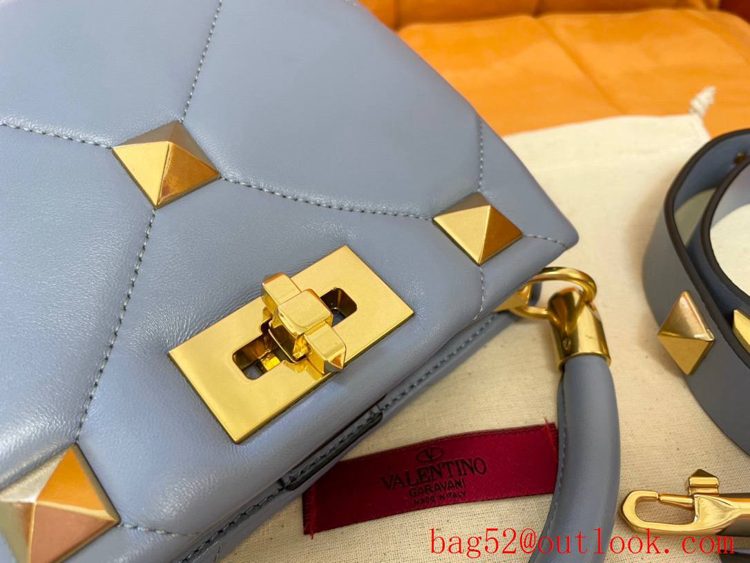 Valentino Mini Roman Stud The Handle Bag In Nappa Grey Blue 520