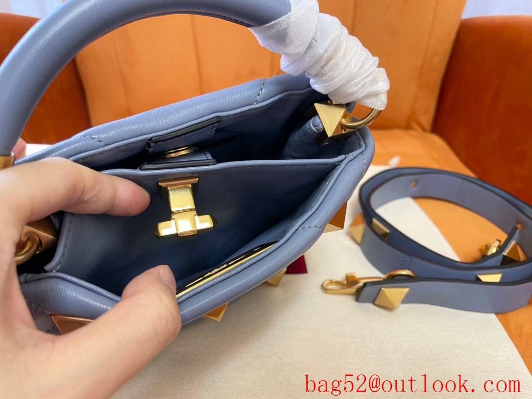 Valentino Mini Roman Stud The Handle Bag In Nappa Grey Blue 520