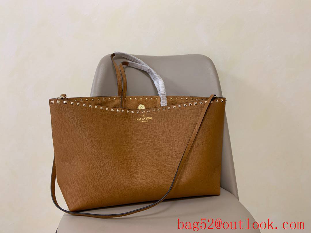 Valentino Garavani Rockstud Calfskin Shopping Bag Tote Handbag Brown