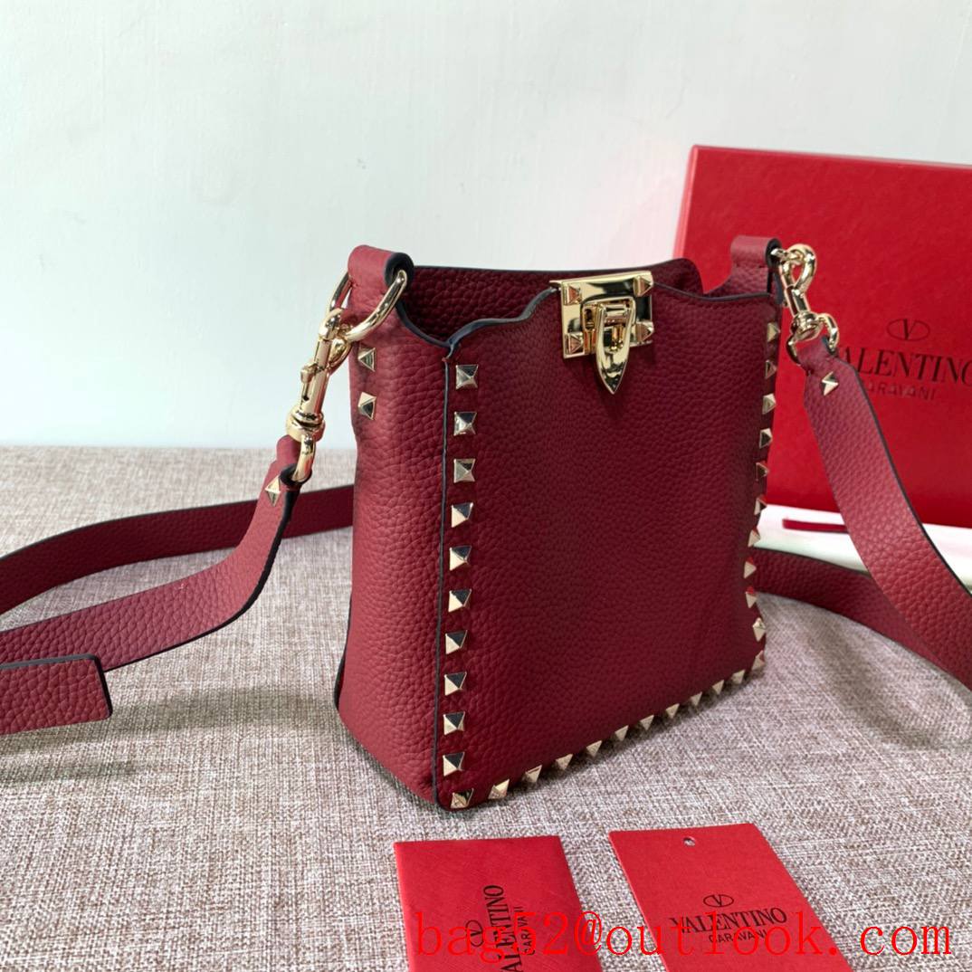 Valentino Gavarani Rockstud mini Hobo Bag Real Leather Handbag Wine