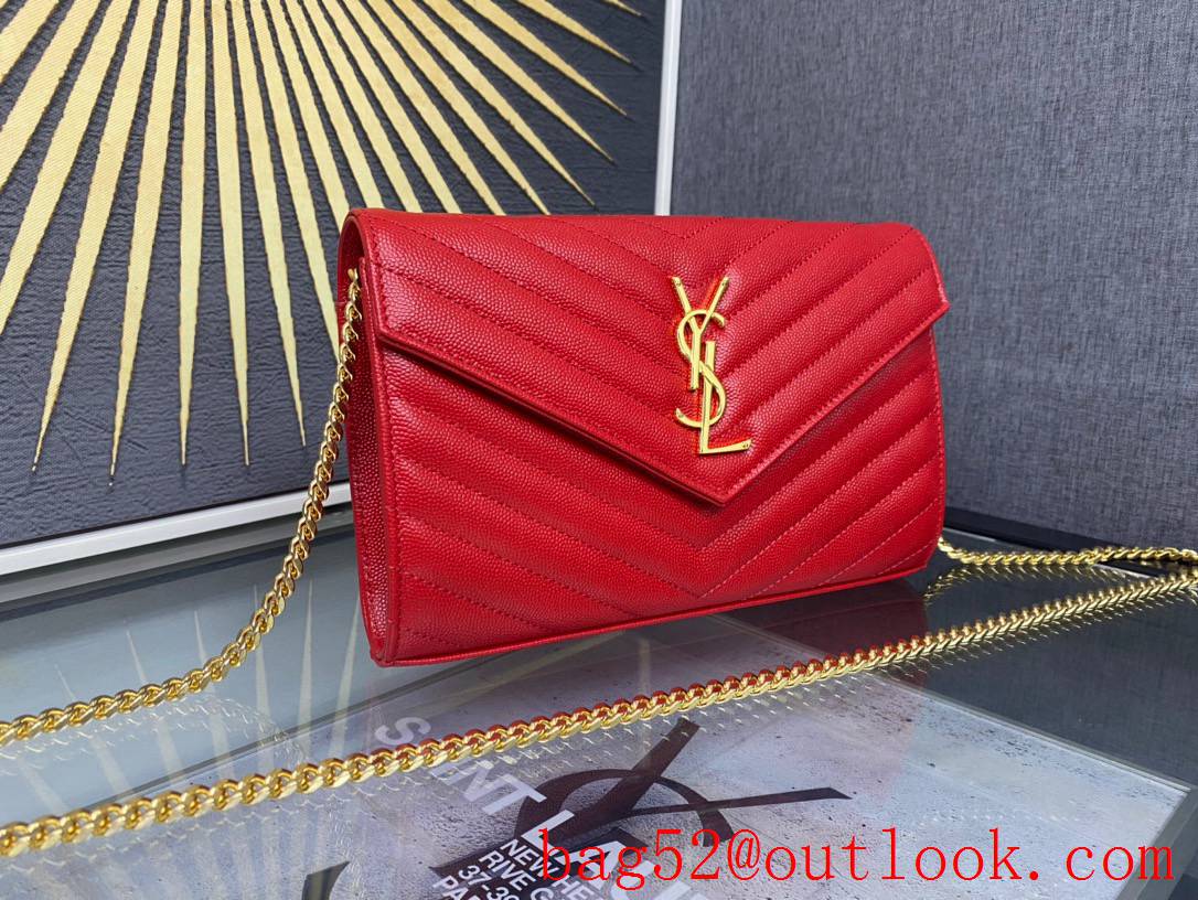 Saint Laurent YSL Monogram Grained Leather Chain Wallet Bag Handbag Red 377828